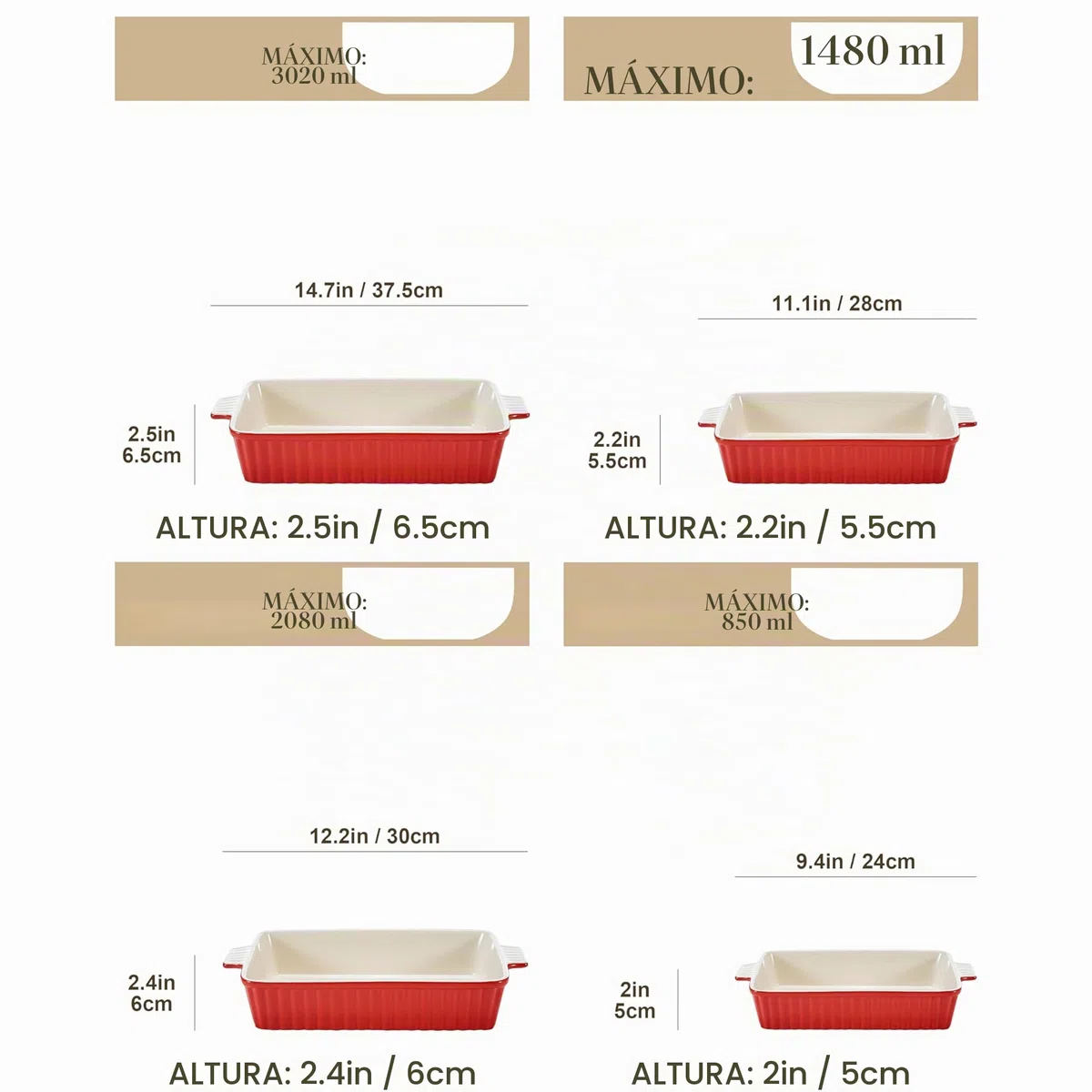 MALACASA Juego de 4 Porcelana Molde Para Pan y Bandeja Para Hornear en 4 Tamaños, Plato Hondo Rojo, Serie BAKE