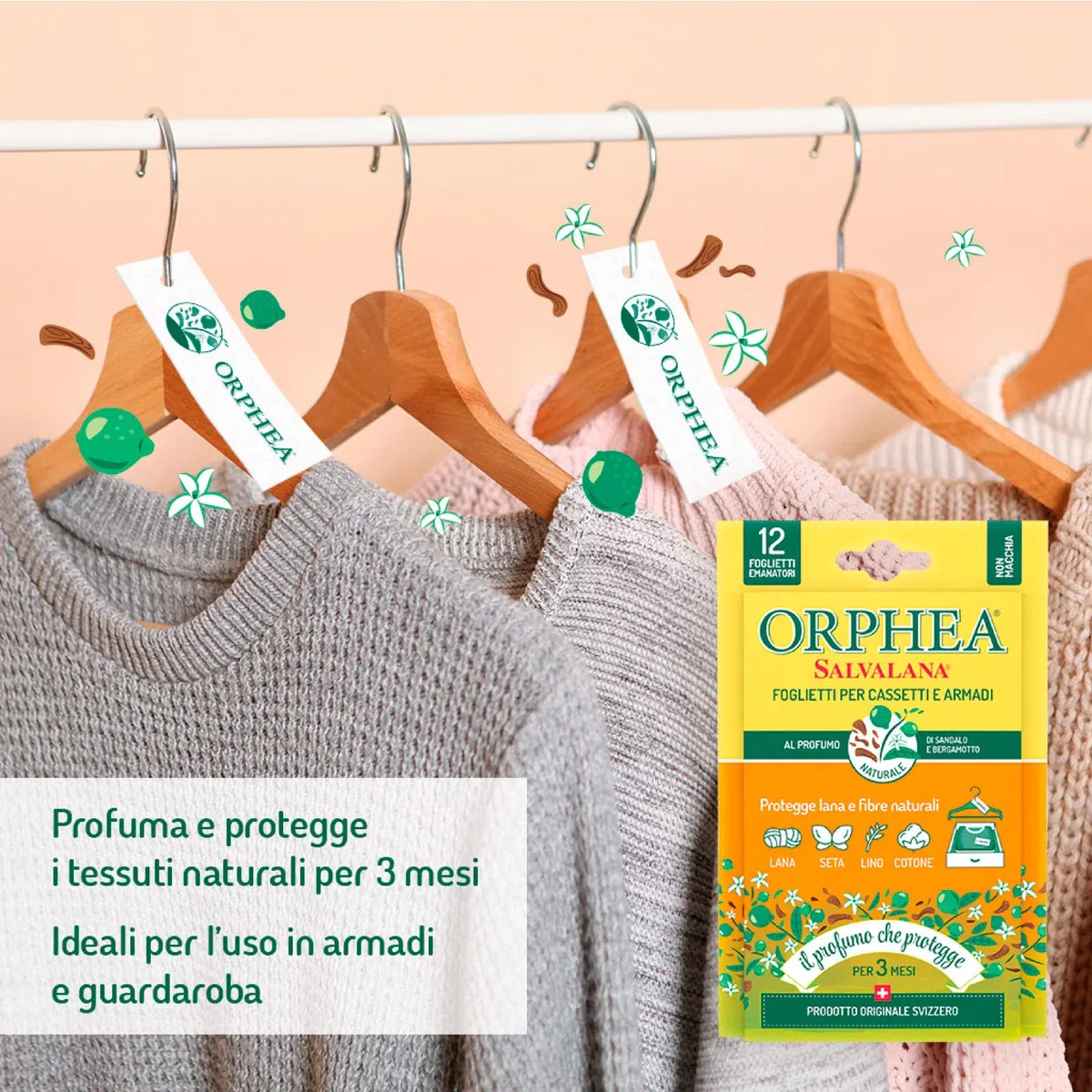 Orphea 12 hojas de papel para cajones y armarios protege lana y fibras naturales al perfume de sándalo y bergamota - 12 paquetes de 12 hojas cada una