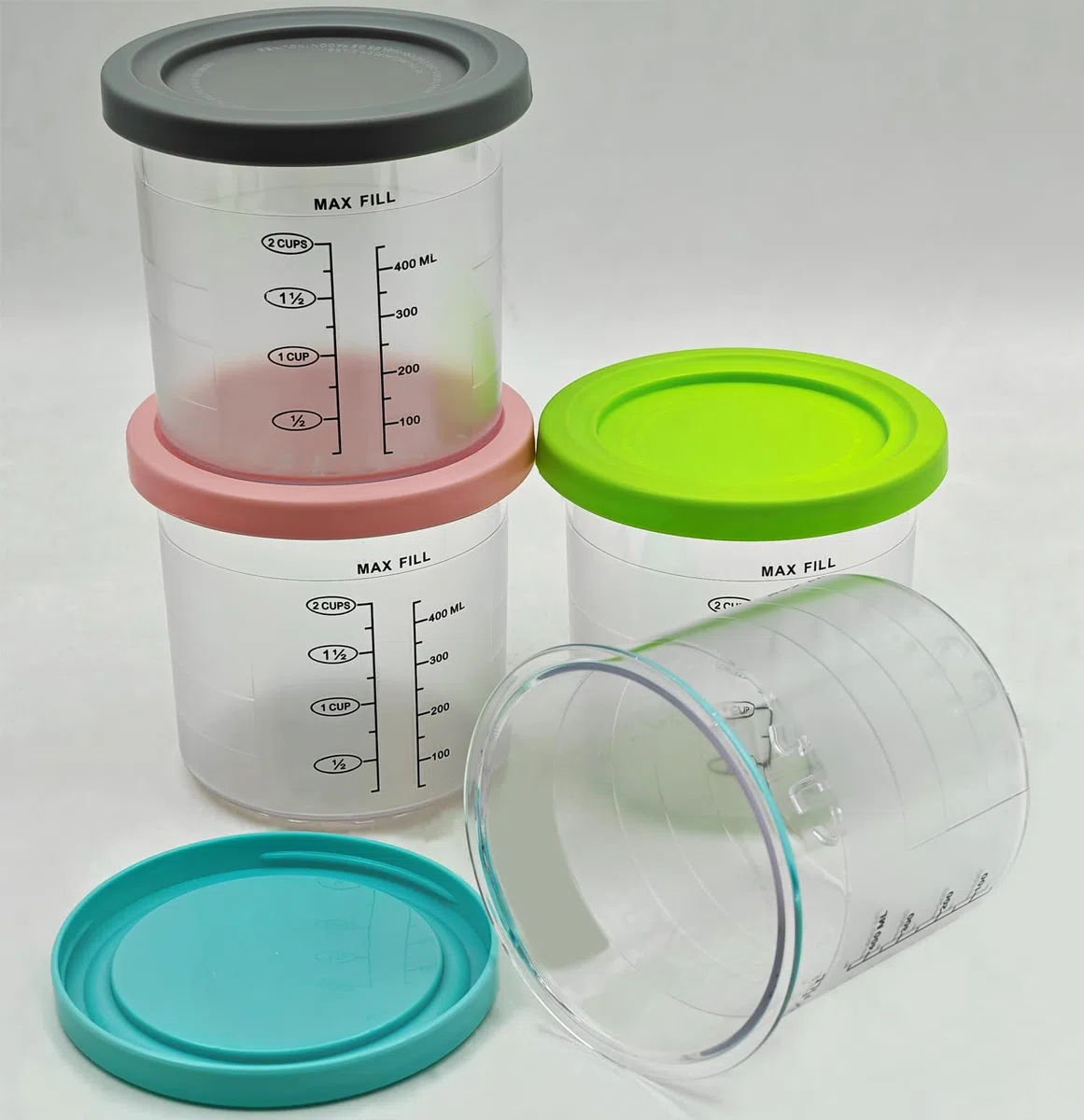 Paquete de 4 tinas de creami compatibles con Ninja CREAMi Ice Cream Maker NC300UK NC300UKCO NC300UKCP NC301 Series, para recipientes de pinta cremosa Ninja con tapas de color, sin BPA y apto para
