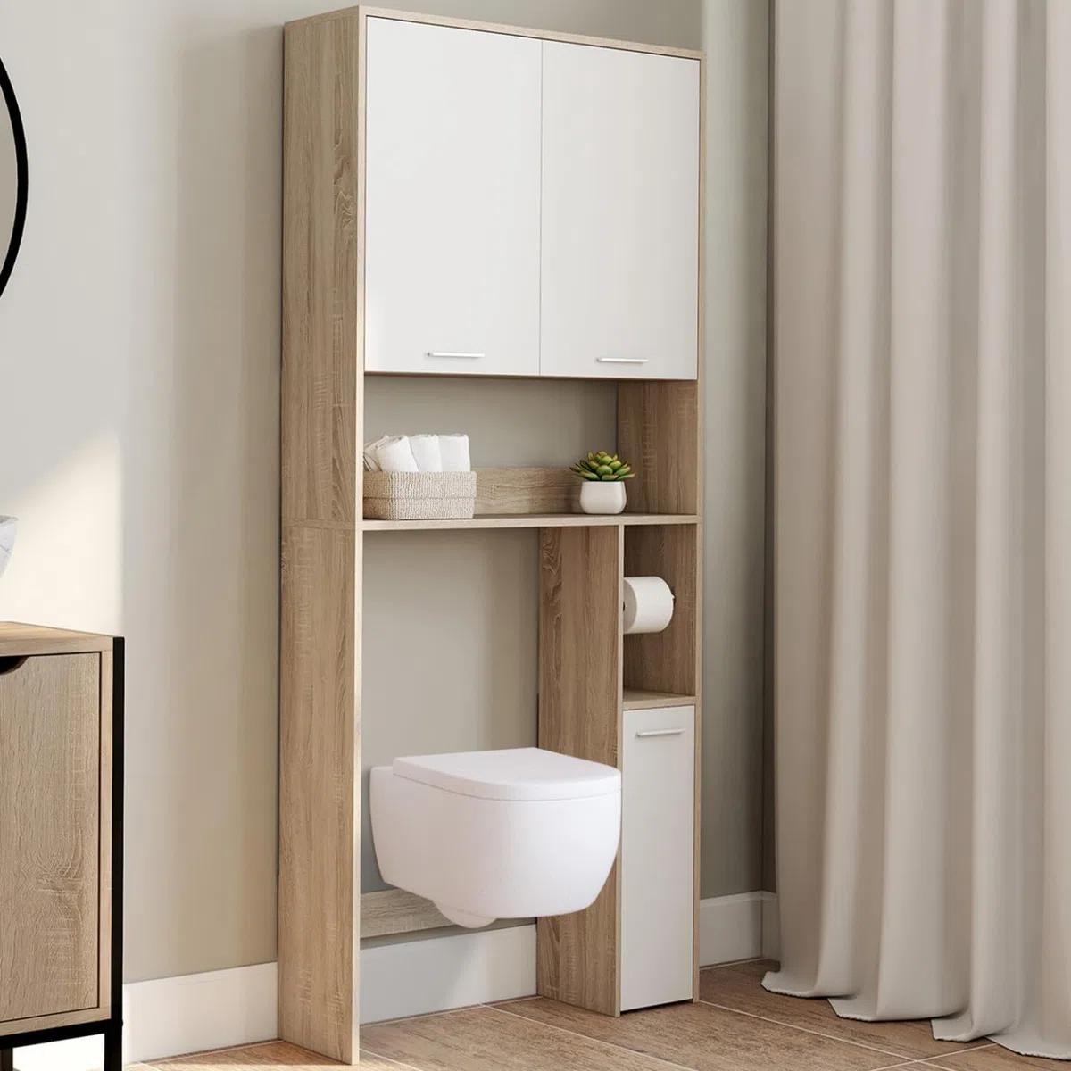 IDMarket WALLIS – Mueble estante superior para inodoro de madera de haya y blanco