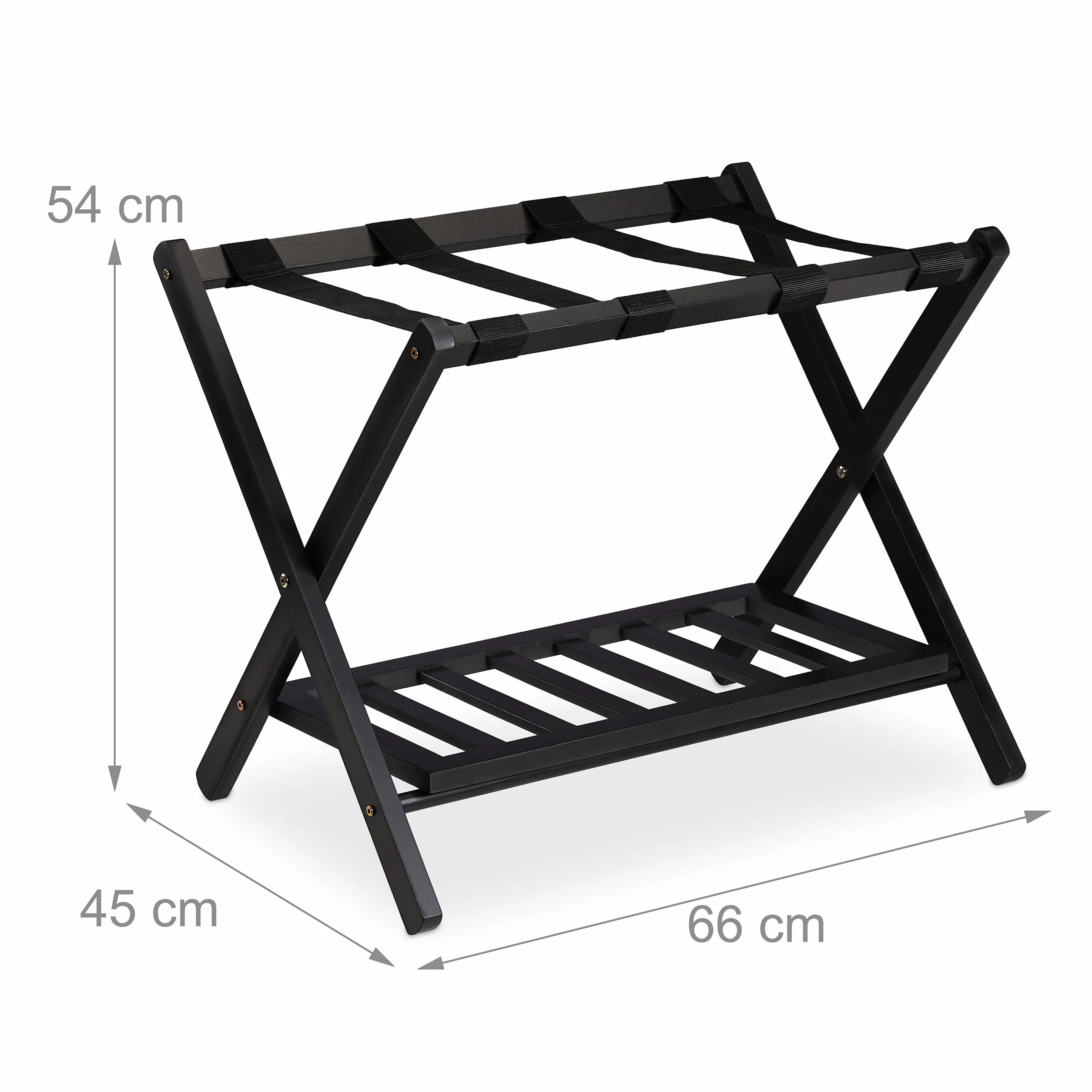 Relaxdays Pack 2 Soportes Maletas, Taburetes Equipaje Plegables, 54x66x45 cm, Portabultos Madera Hotel, 2 Baldas, Negro