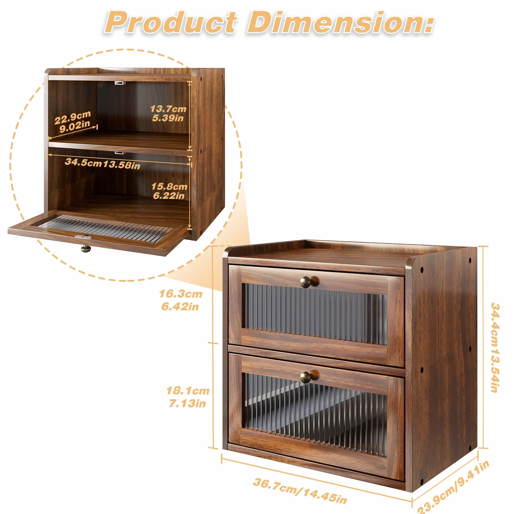 Alpeir Panera grande de doble capa para encimera de cocina, contenedor de almacenamiento de pan de esquina de madera con ventana acrílica, marrón retro