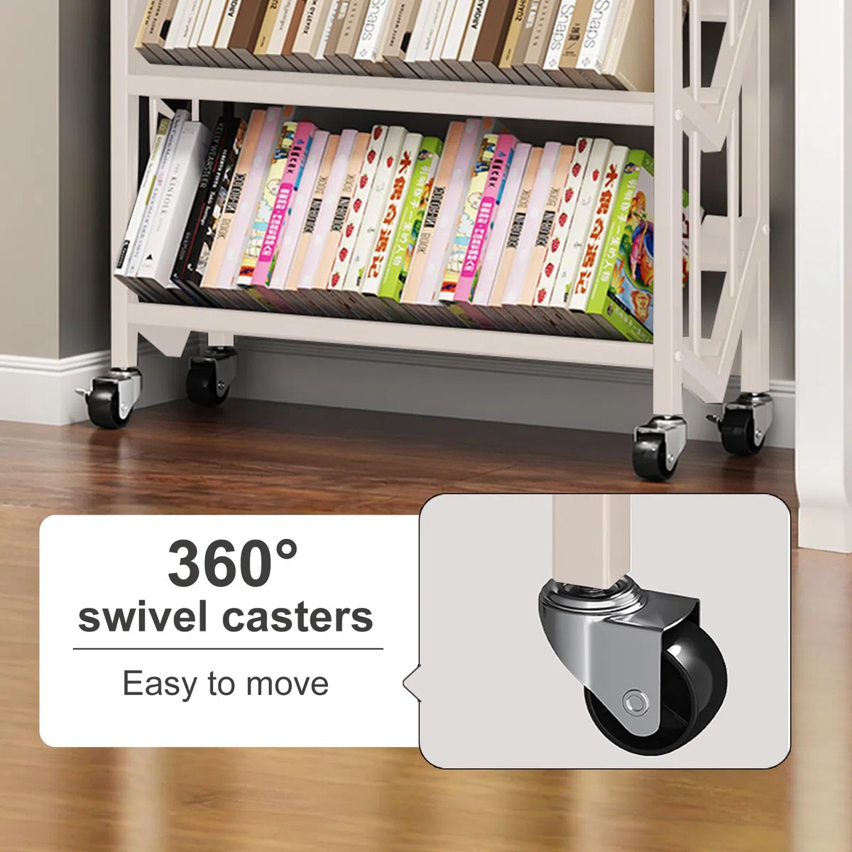 Estanteria Libros con Ruedas, Estantería Metálica de 3 Niveles, 50x25x81.5cm, con Ganchos Desmontables y Ruedas con Freno, para Hogar, Oficina, Aula (Blanco)