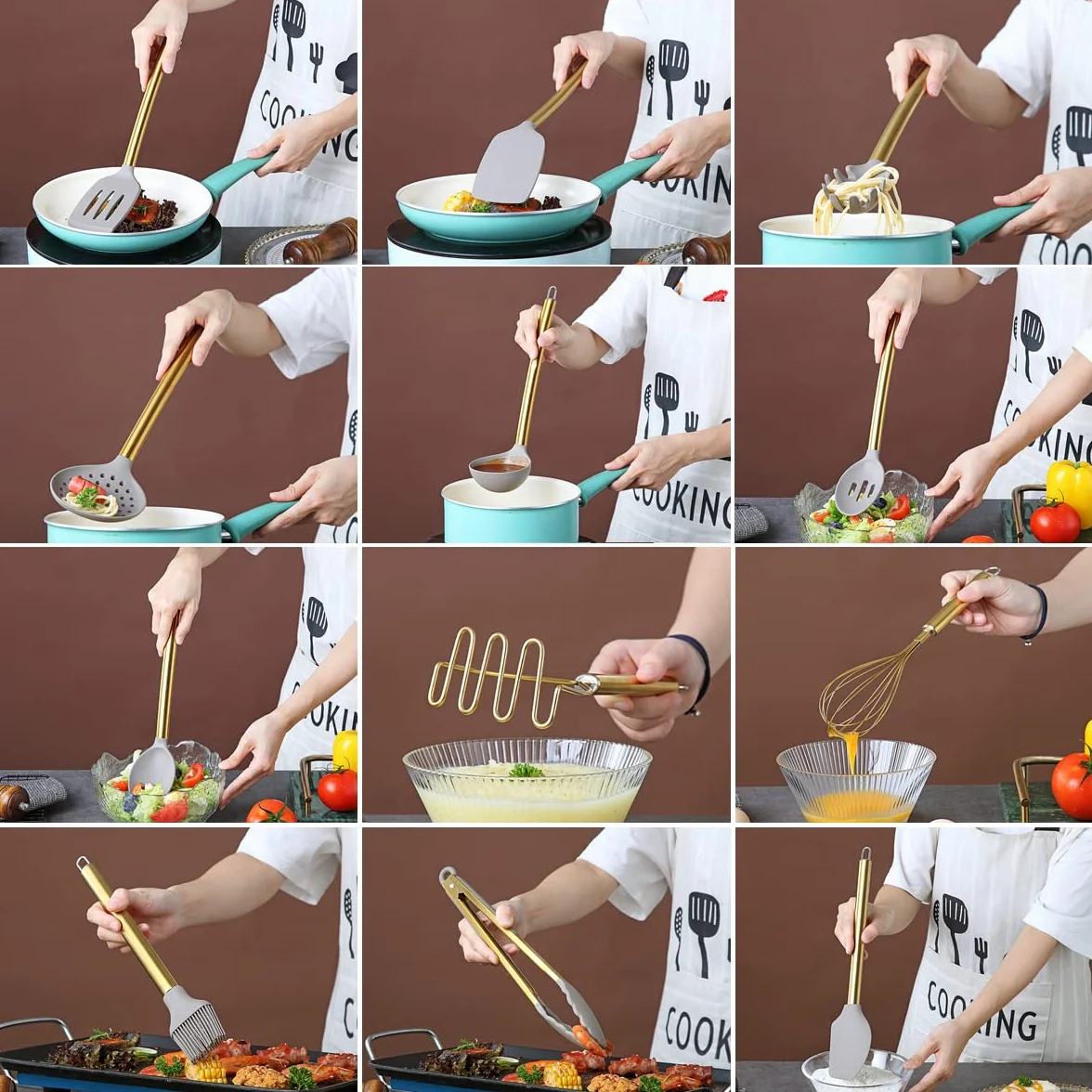 Berglander Juego de utensilios de cocina dorados de silicona antiadherente de 38 piezas, juego de cucharas y espátulas con resistente soporte para utensilios de acero inoxidable