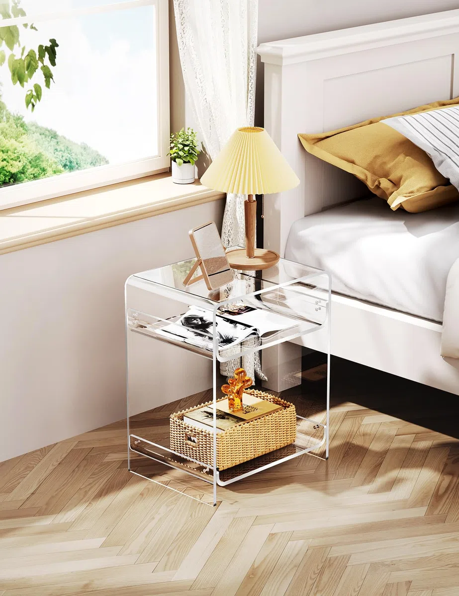 Mesa Auxiliar de Acrílico, Mesita de Noche, pequeña Transparente para Sala de Estar, Dormitorio (Claro)