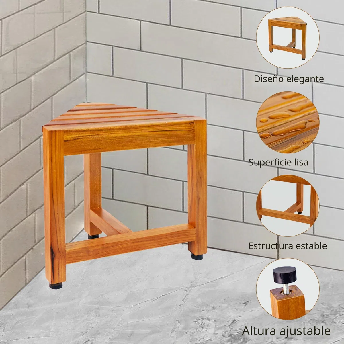 VaeFae Banco esquinero de Ducha de Teca, reposapiés de Madera, Banco de Ducha para Afeitar, Taburete de Ducha de Esquina para Ducha Interior, baño
