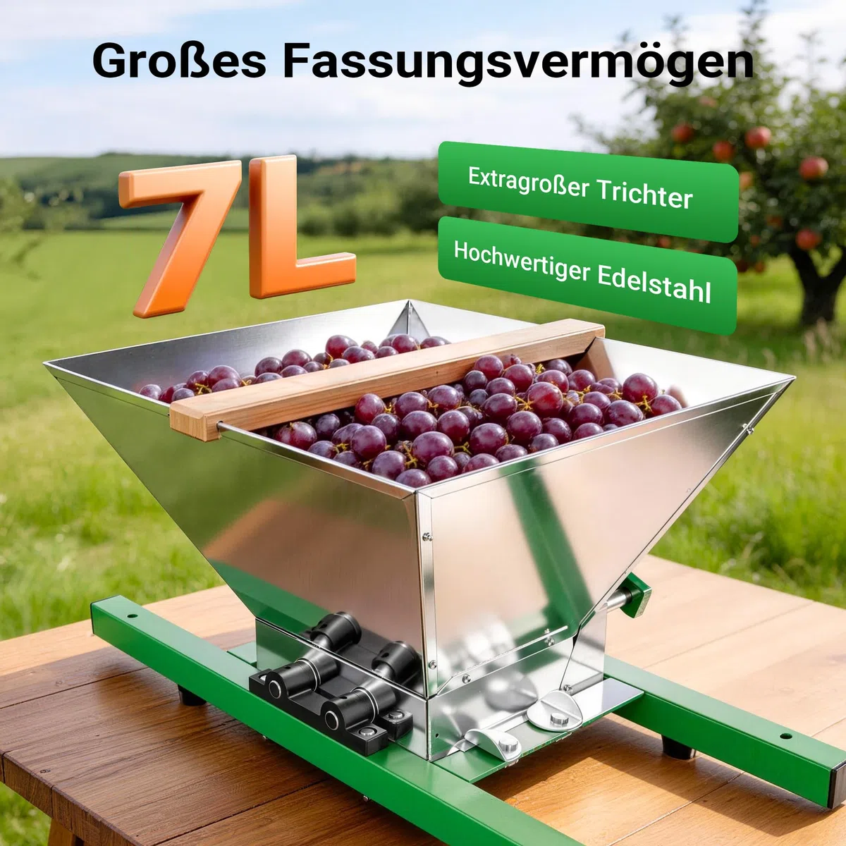 Wiltec Molino de frutas con tolva de 7 l, molinillo con manivela, triturador de frutos blandos como uvas y baya