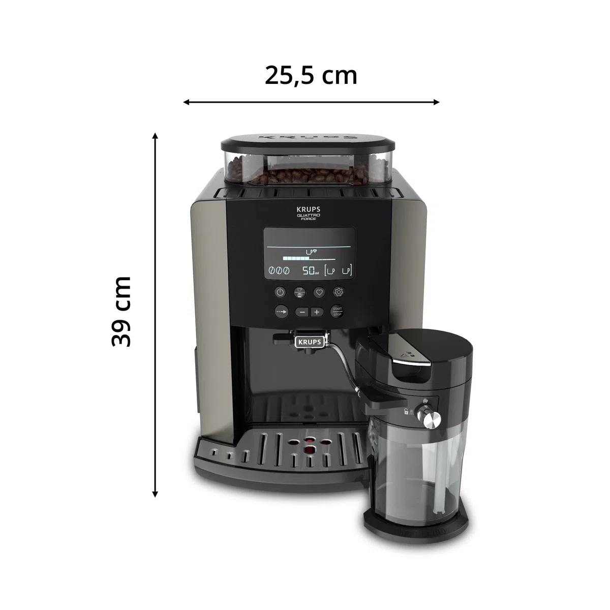 Krups Quattro Force Arabica Latte - Cafetera superautomática 15 bares, pantalla LCD, programas de leche y personalización bebidas, molinillo metálico profesional, modo limpieza, jarra leche