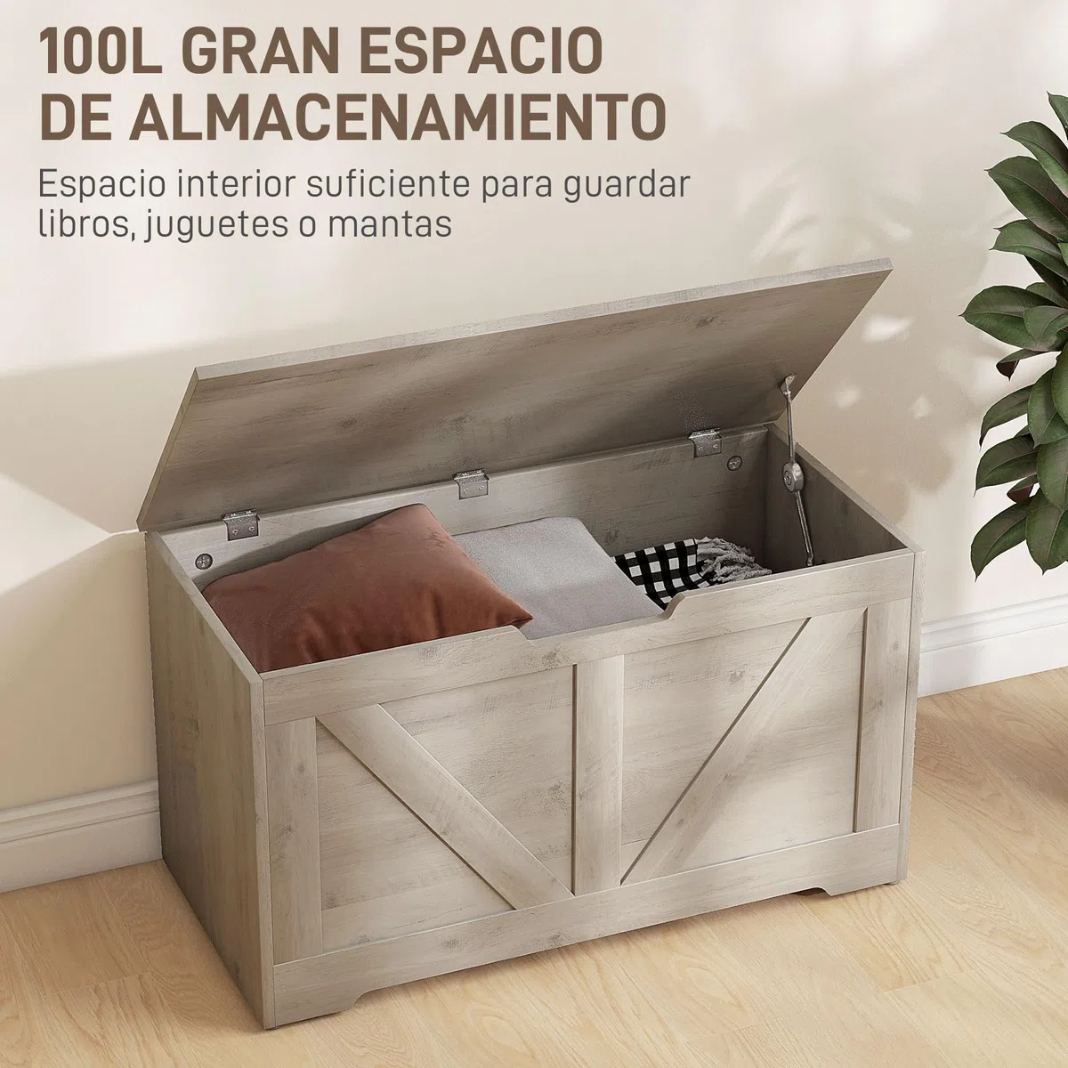 HOMCOM Baúl de Almacenaje para Dormitorio 100 L Banco de Almacenaje con Tapa Bisagra de Seguridad para Pasillo Salón 80x40x45 cm Gris