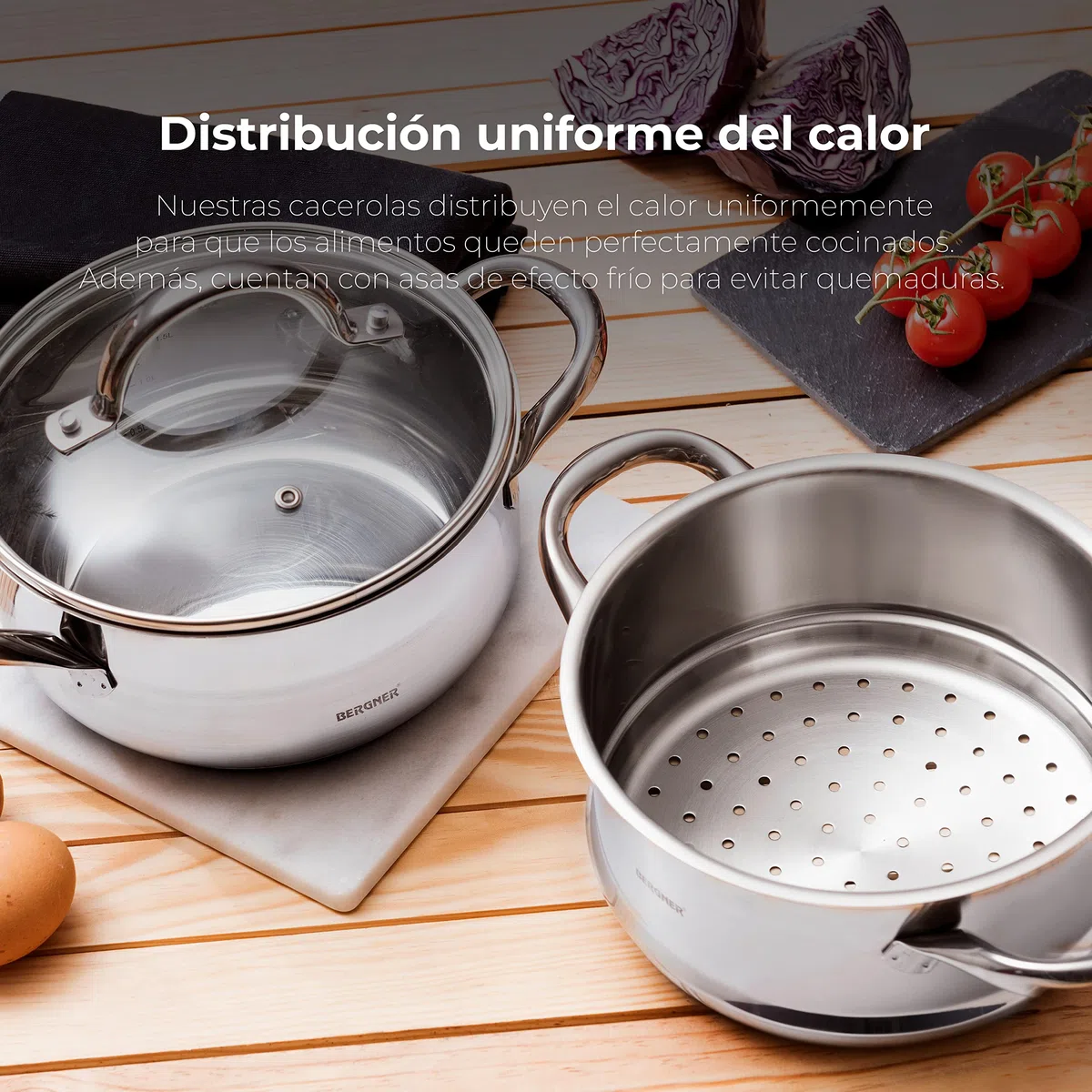 BERGNER Gourmet | Cacerola de Cocina Con Hervidor | Cazuela con Tapa, Hervidor y Capacidad de 2,2L | Acero Inoxidable | Muy Resistente, Fácil de Limpiar y Para Todo Tipo de Cocinas