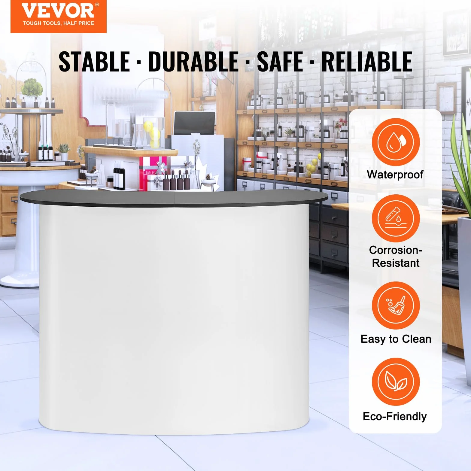 VEVOR Mostrador de Pie de Feria 130 x 46,5 x 95 cm Mostrador de Exhibición con Pared, Mesa de Bar Plegable para Promoción Minorista, Podio Emergente con Estante de Almacenamiento, Bolsa de Transporte