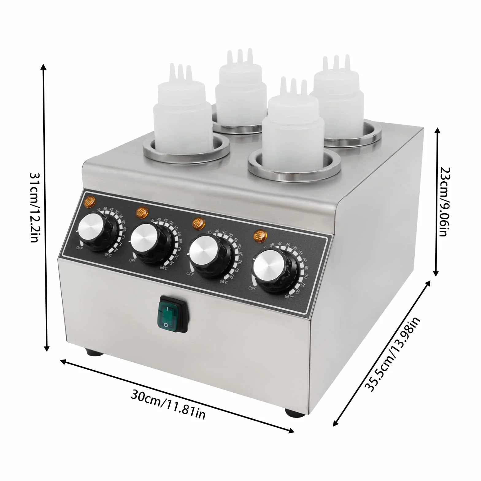 Calentador de salsas eléctrico, 800 W, con 4 botellas de PVC, máquina de calentamiento de salsas de acero inoxidable, 30-85 ℃, para mantener diferentes salsas calientes