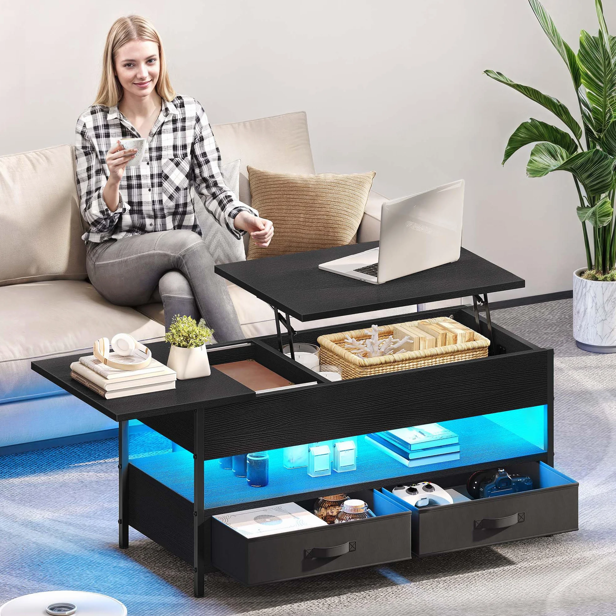 YITAHOME Mesa de Centro Elevable, Mesita de Salón de Madera con Estante de Almacenamiento, Mesa Cafe con 2 Cajón y Tira de luz LED de 16 Colores, Negro, 106 x 50 x 51,5 cm