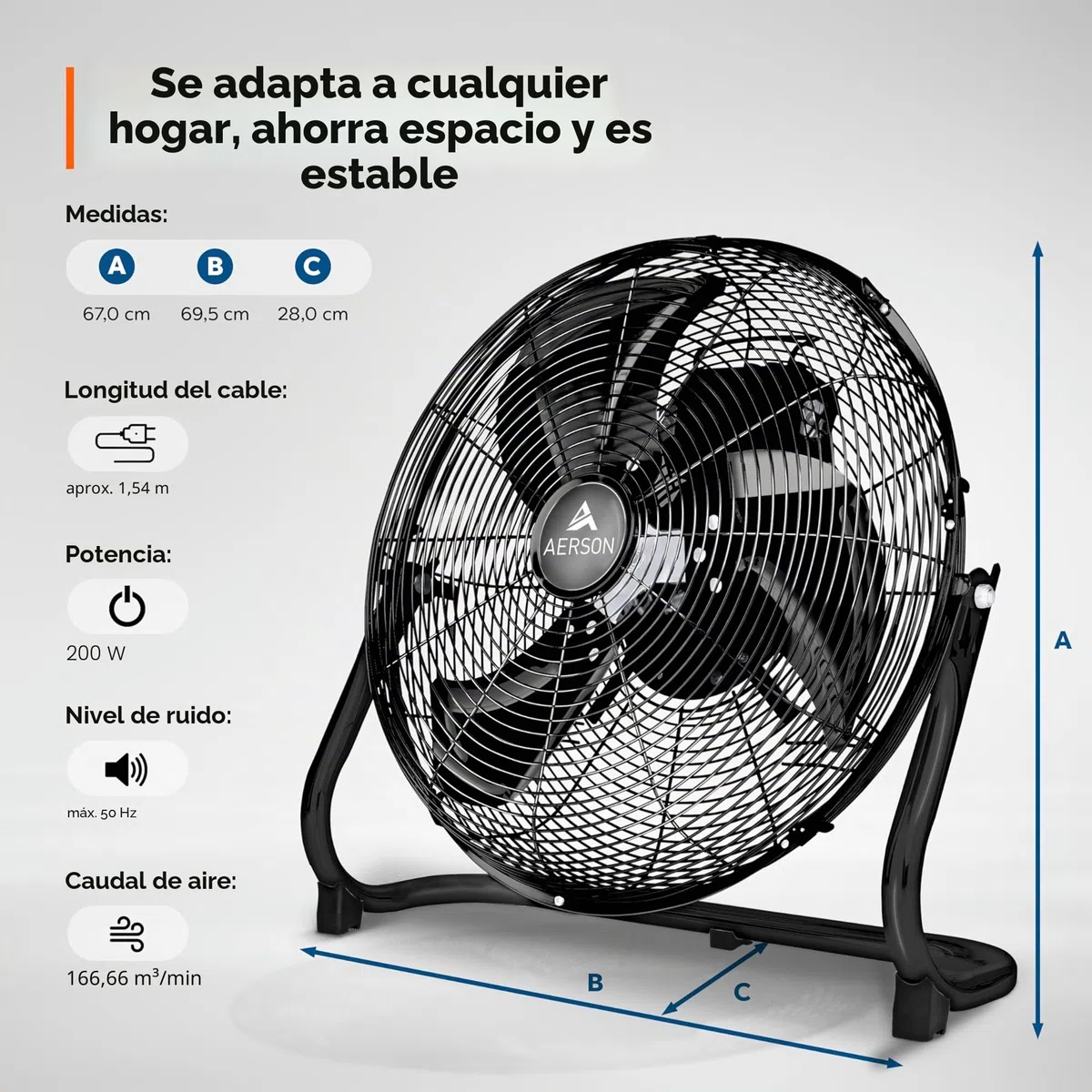 TRESKO AERSON Ventilador de suelo 60 cm | Ventilador de pie 200 W | con 3 niveles de potencia | Alto flujo de aire | Construcción robusta de metal | Inclinable a 110 grados