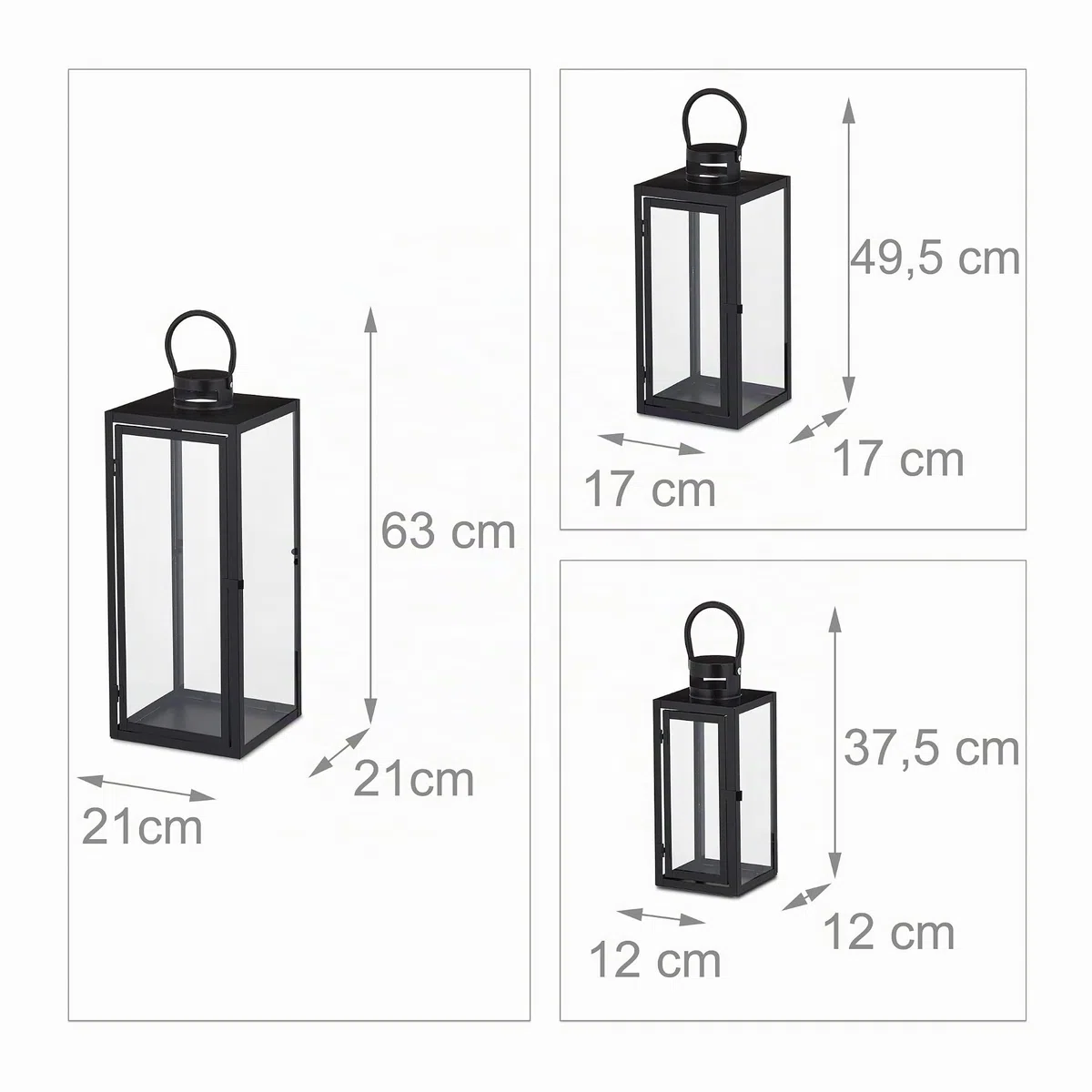 Relaxdays Set 3 Portavelas, Farol Decorativo para Interior y Exterior, 3 Tamaños, Metal, Cristal, Farolillo Vela, Negro