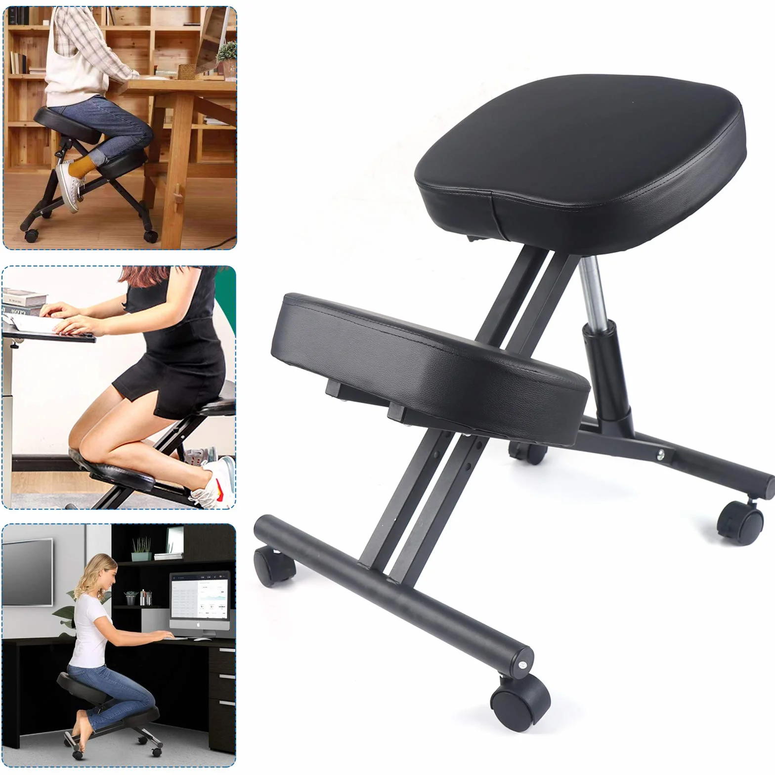 Silla ortopédica para la rodilla, silla de ordenador, silla de salud, taburete para rodilla, adecuado para el hogar, oficina, aula, negro, 70 x 46 x 60 cm