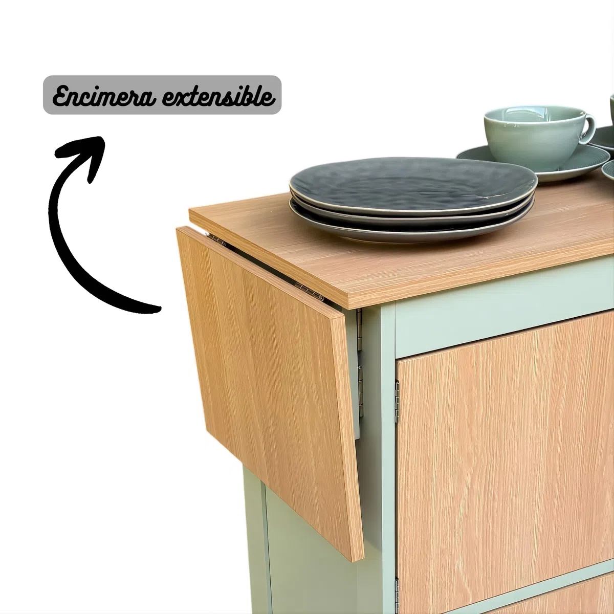 Isla de Cocina con Ruedas, Carrito de Cocina de Madera Verde, Mueble Desayunador Pequeño Auxiliar con Encimera Extensible, Armario Móvil para Cafetera y Microondas