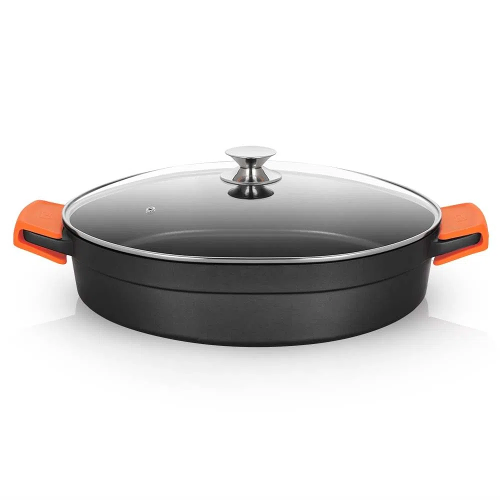 Orbegozo CDB 1040 Cacerola Baja Aluminio Forjado, 10.5 L, Superficie Antiadherente Libre de PFOA, Asas de Silicona, Tapa de Cristal Templado
