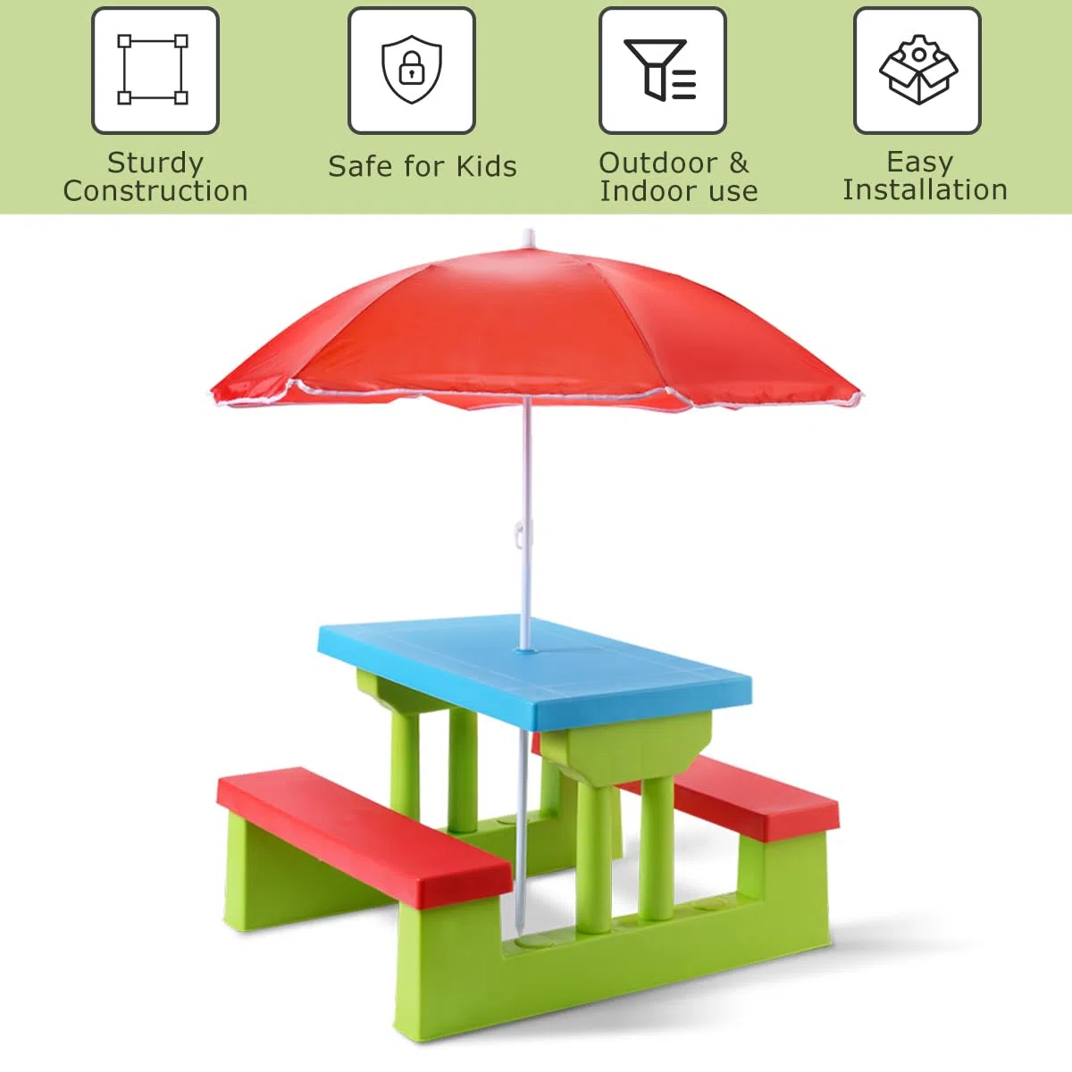 KOMFOTTEU Conjunto de Asientos Infantiles con Sombrilla, Juego de Picnic para Niños con 1 Mesa y 2 Bancos, Juego de Muebles para Jardín, Parque, Terreza (Verde + Rojo + Azul)