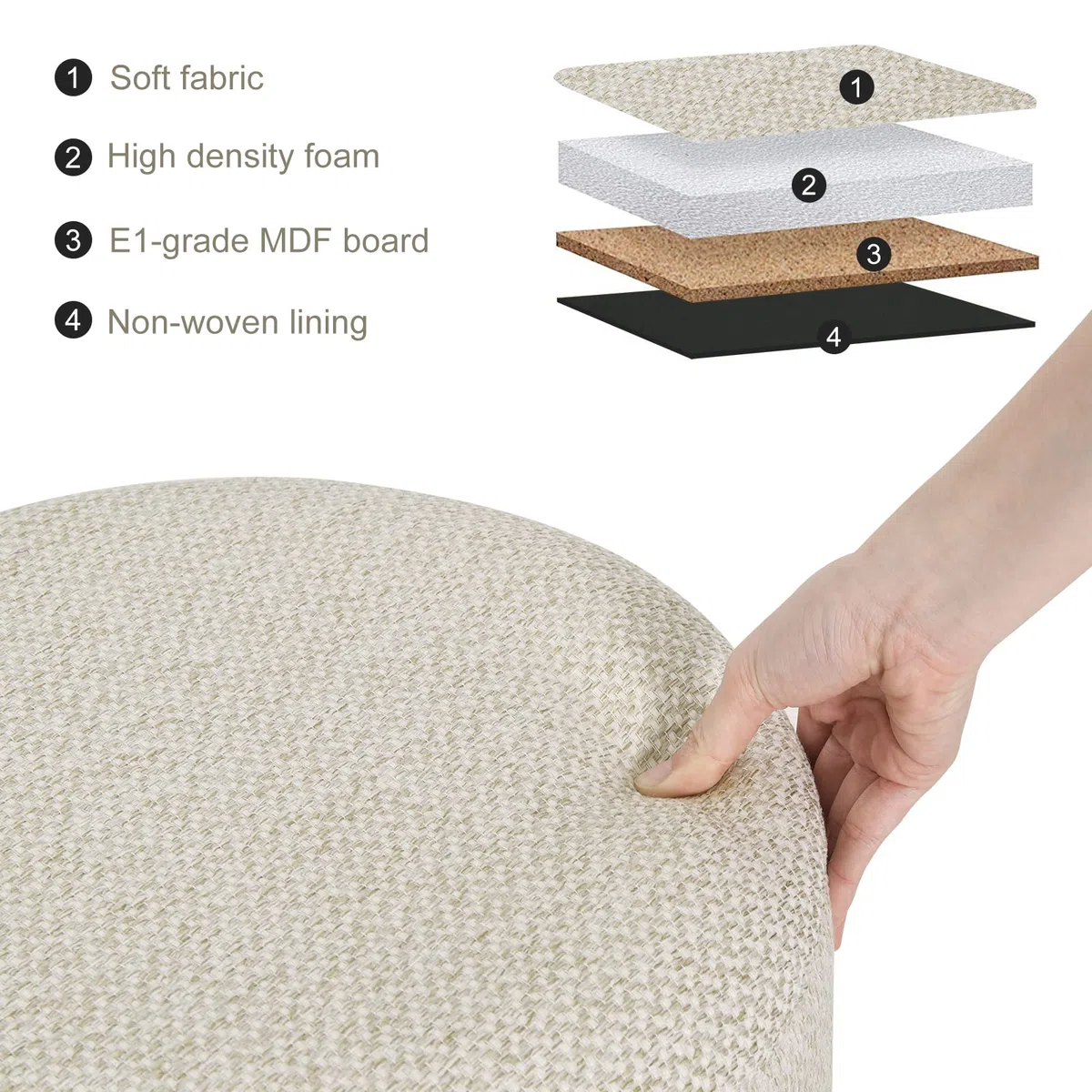 WOLTU Taburete Redondo de Almacenamiento, Puff Baúl Almacenaje con Tapa Bandeja Extraíble, Reposapiés Sofá Multiusos, Asiento de Lino Grueso, Ø 39x33 cm, Blanco Crema