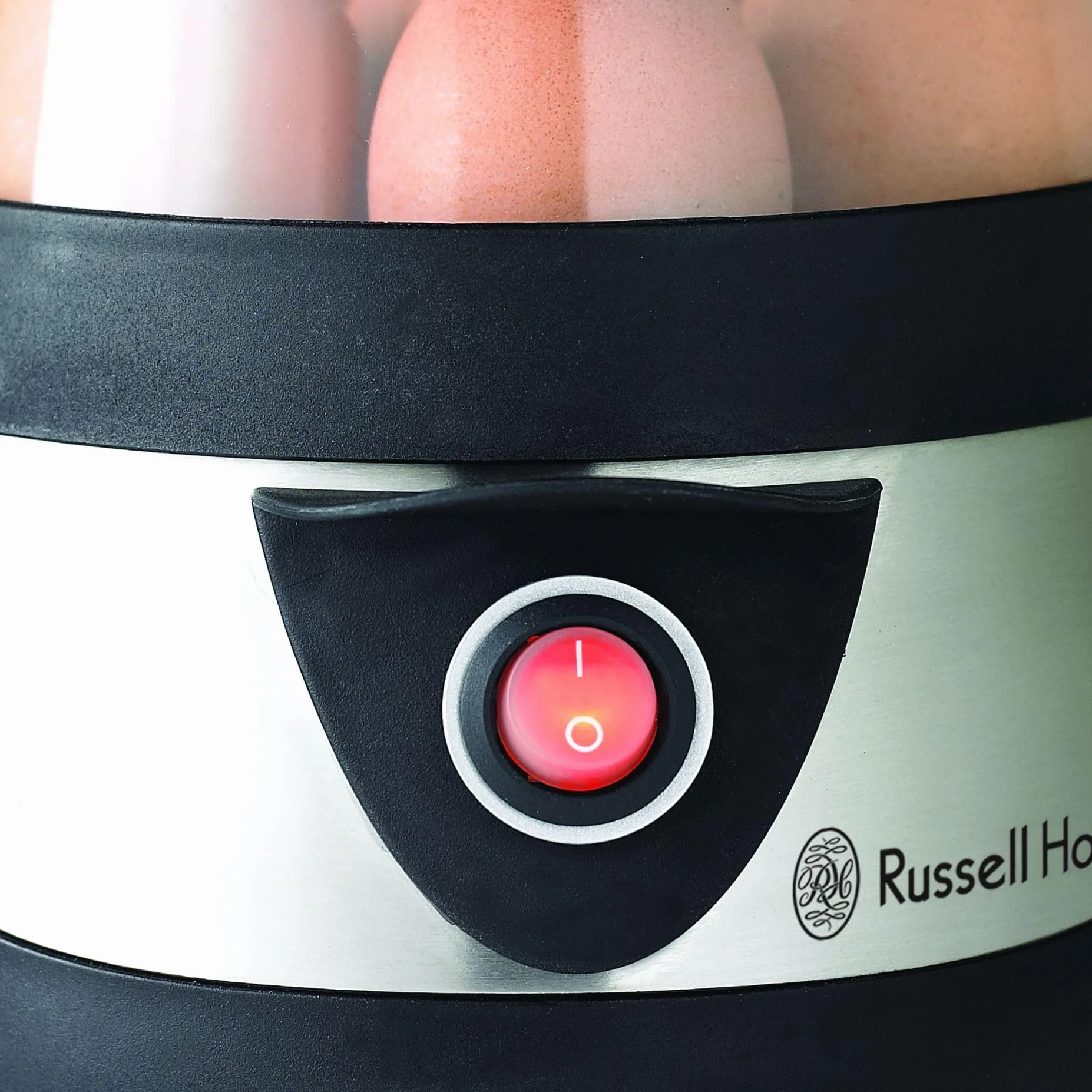 Russell Hobbs Cocedor de Huevos Cook@Home - Capacidad para Hervir 7 Huevos y Pochar 3 Huevos, Apagado Automático, Incluye Recipiente Medidor, Tapa Plástico, Acero Inoxidable - 14048-56