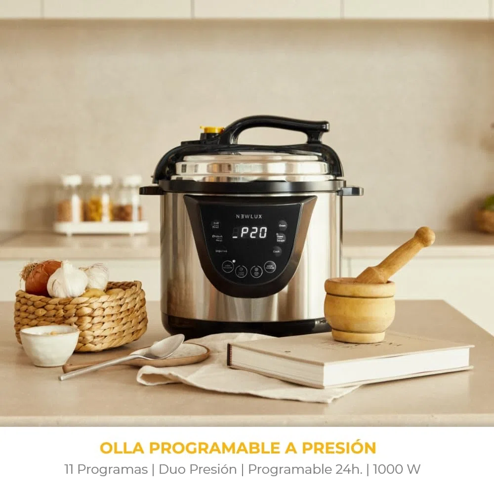 NEWLUX - Olla a Presión Programable 6L V110. Eléctrica de INOX, 10 Menús, 1000W, 24 h, Preserva el Calor, Efecto Presurización, Sistema Duopresión, Cubeta 100% Antiadherente, Acero inoxidable