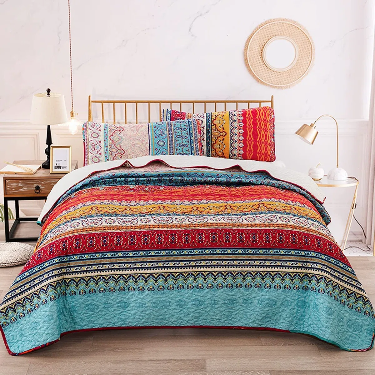 WONGS BEDDING Colcha de 200 x 220 cm, manta bohemia de 3 piezas, edredón acolchado de microfibra con 2 fundas de almohada de 50 x 75 cm para dormitorio como manta de sofá (bohemio)