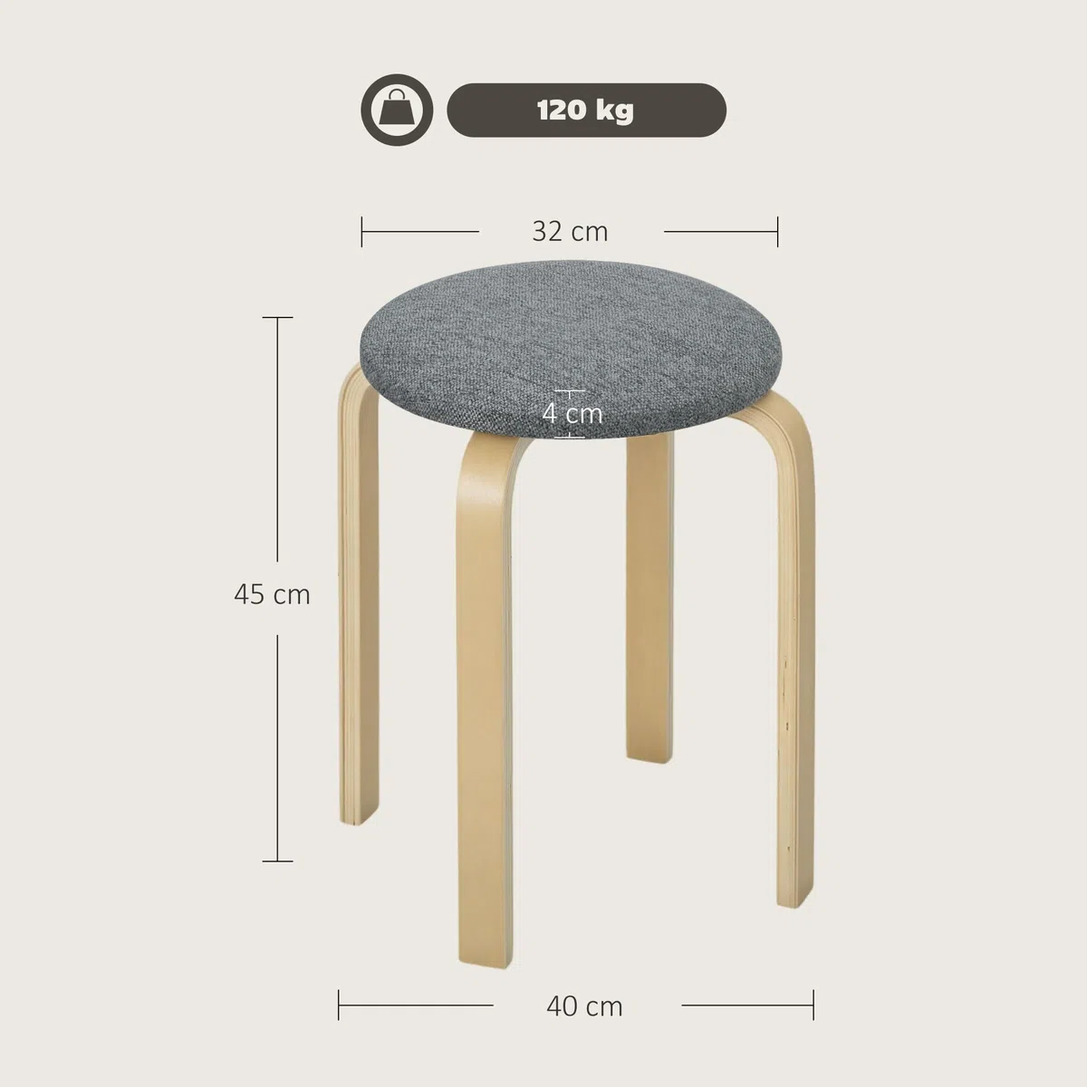 HOMCOM Juego de 4 Taburetes Apilables Redondos Taburetes Bajo de Cocina de Madera con Asiento Acolchado para Comedor Dormitorio Oficina Salón Gris y Natural