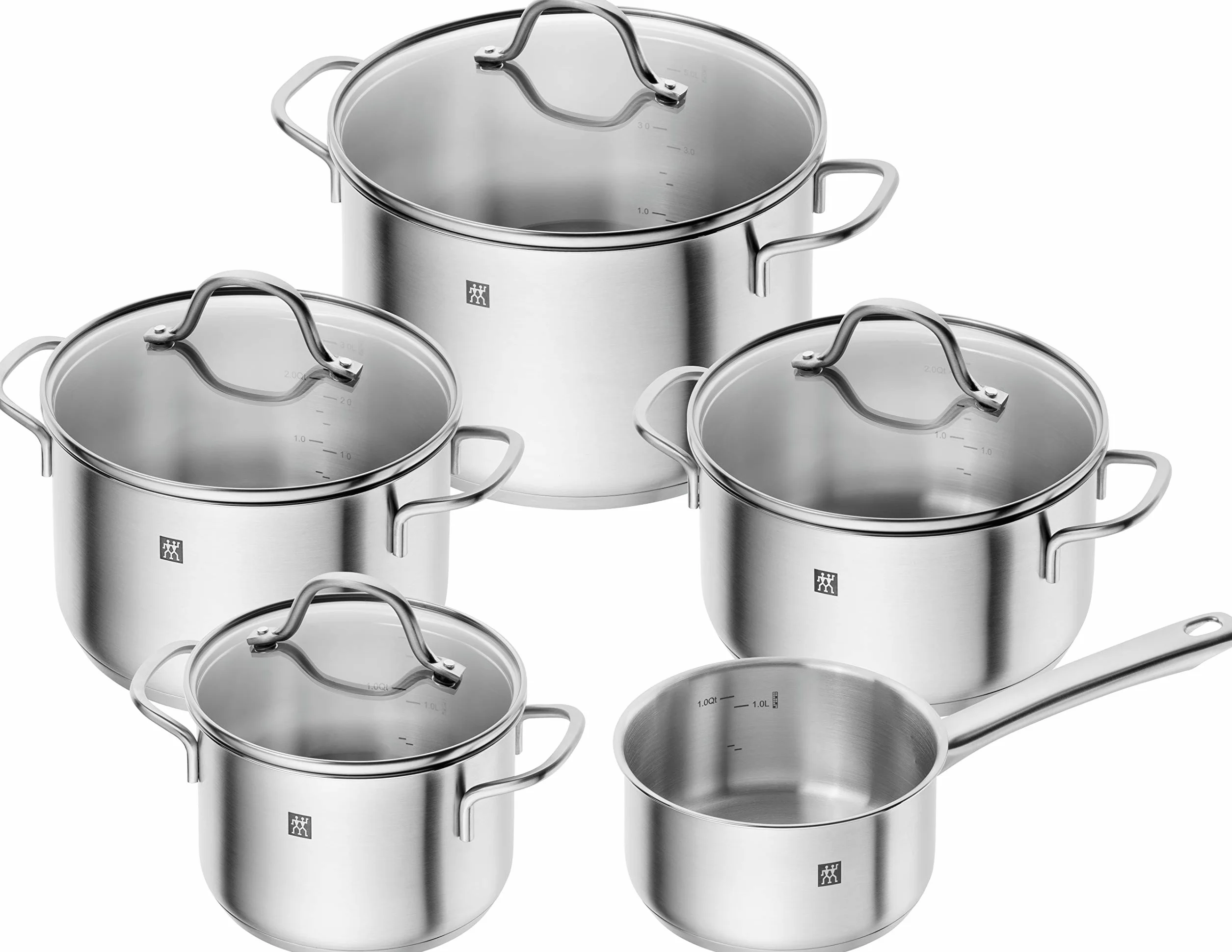 ZWILLING Flow batería de cocina, 5 piezas con tapa de vidrio, apta para inducción, sin revestimiento, acero inoxidable, plata