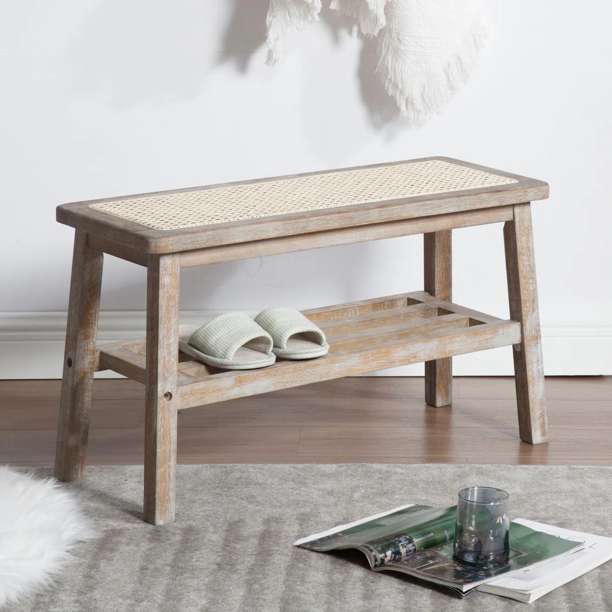 Wahson Banco de Entrada Recibidor Banco de Madera Interior Rústico,Banco Otomano de Vestidor Banco Zapatería de Puerta Banco de Rattán para Salón/Dormitorio,Beige