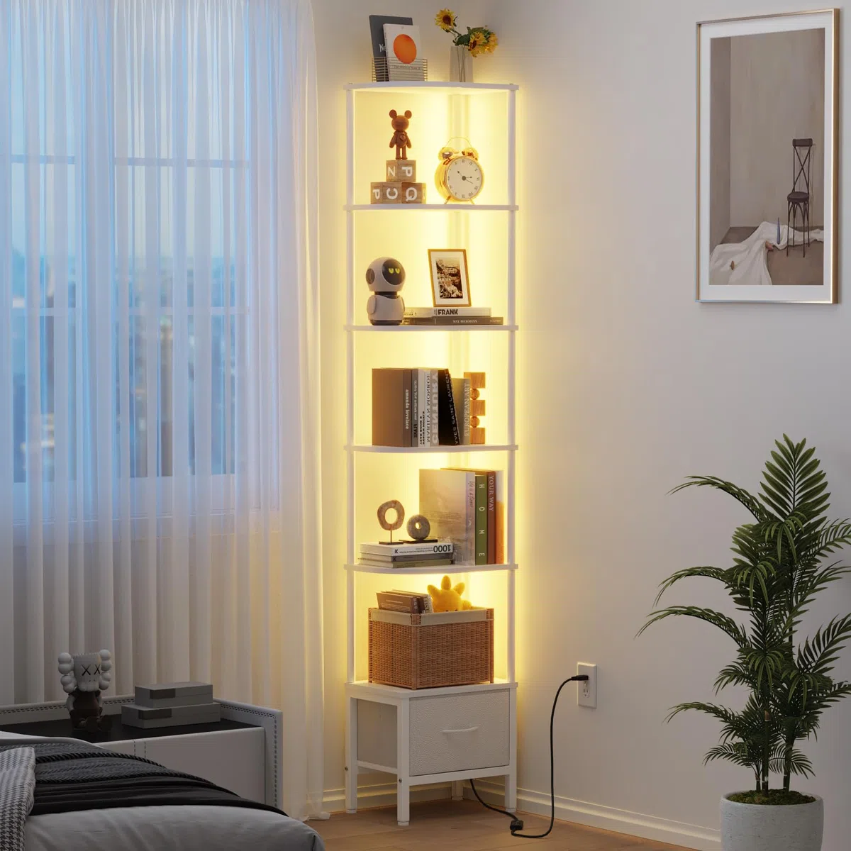 Librería de Esquina con Cajón y Luz LED, Estantería Alta de 6 Baldas (191 cm), Estrecha para Salón o Dormitorio, Cajón de Tela, Blanco
