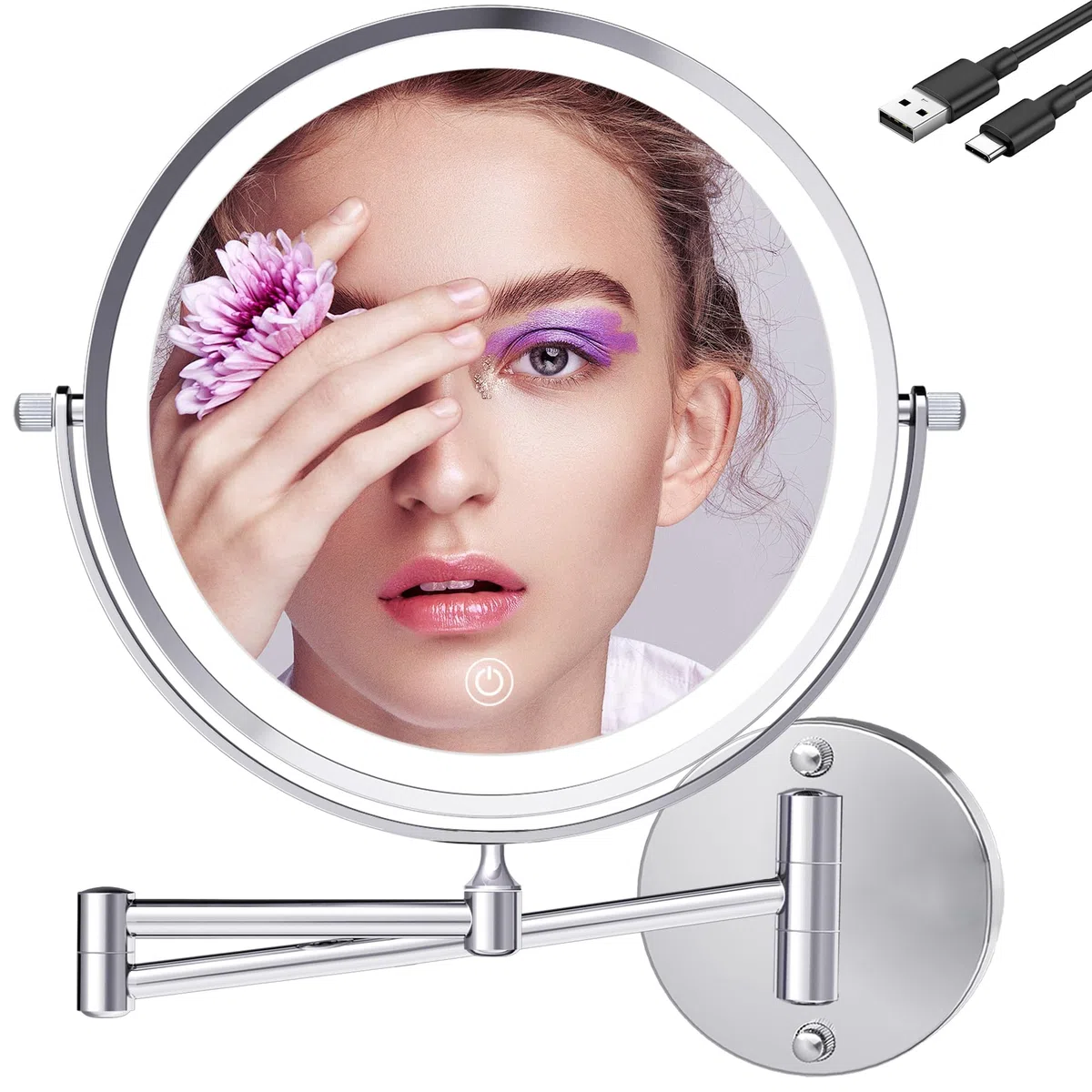 Espejo de tocador grande recargable iluminado de 9 pulgadas montado en la pared, espejo de aumento 1X/10X con luz para baño, espejo cromado montado en la pared con brazo oscilante con 3 luces de color