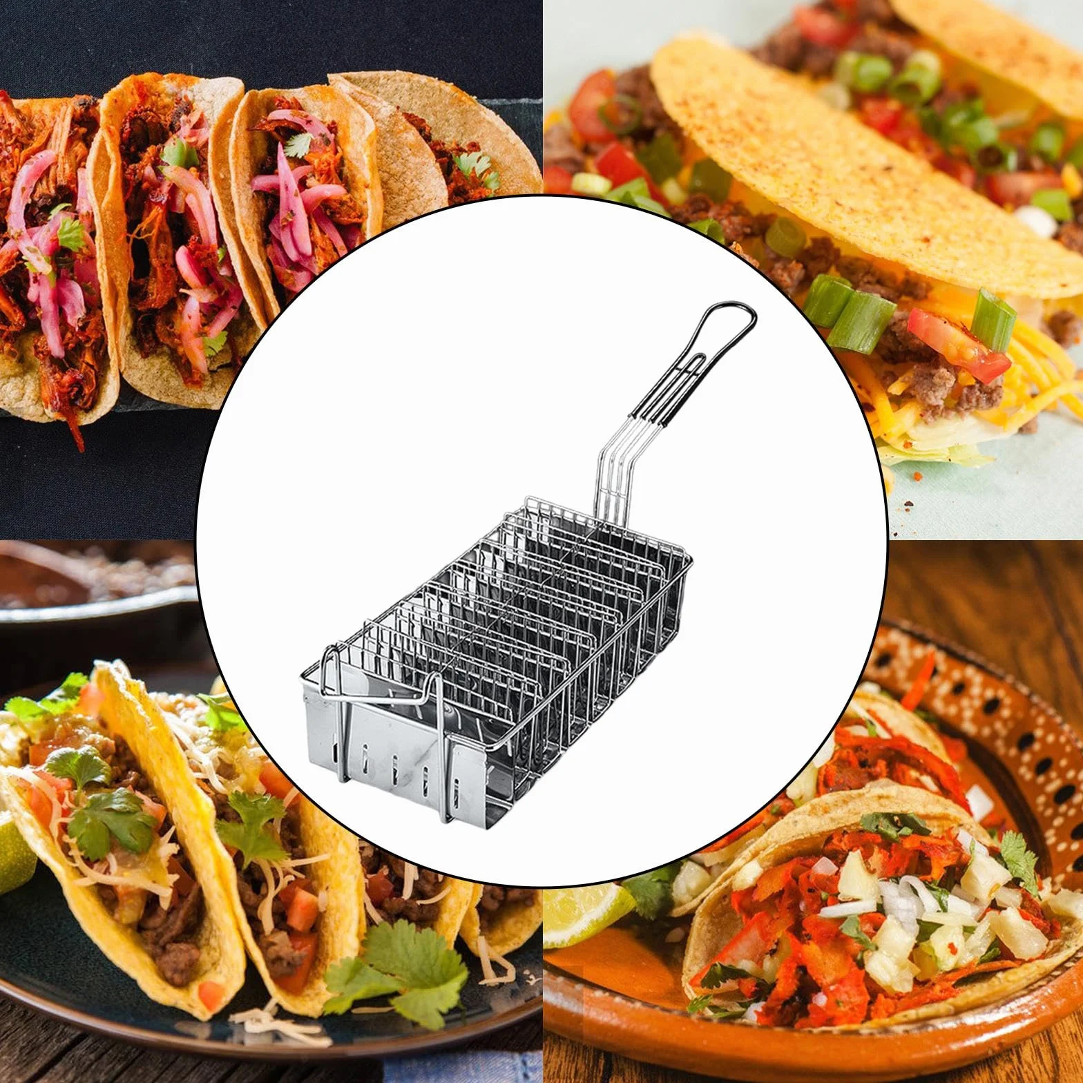 Taco Freidora Cesta Y Tortillas Canasta de con Mango Ergonómico de Acero Inoxidable Adecuada para Cocina Cafetería Bar Hogar, 8 Rejillas