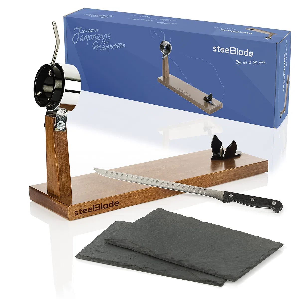 Jamonero Giratorio 360º en Madera Lacada + Cuchillo Jamonero 28 cm + 2 Platos de Pizarra Natural - Soporte Jamonero Fabricado en España - Jamonera 2 Posiciones para Jamones y Paletas