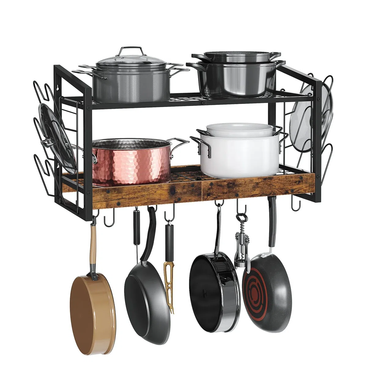 CHOEZON Soporte de Pared para Ollas, Estante de Cocina de 2 Niveles para Ollas y Tapas, Soporte para Sartenes, Vajilla y Utensilios de Cocina con 12 Ganchos, Marrón Vintage y Negro DTPR02BF