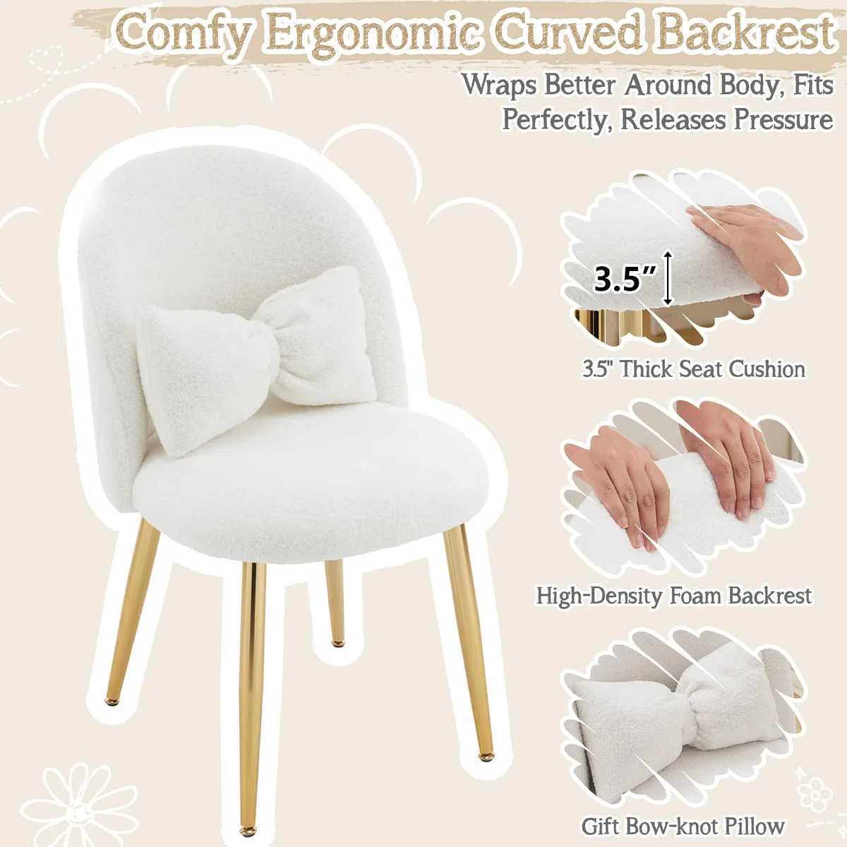 Bonnlo Silla de Maquillaje, Silla Tocador, Sillas de Comedor, Patas Doradas Ajustables y cojín con Lazo para Dormitorio, Sillón Salón para Tocador u Oficina en Casa (Tejido Teddy, Blanco)