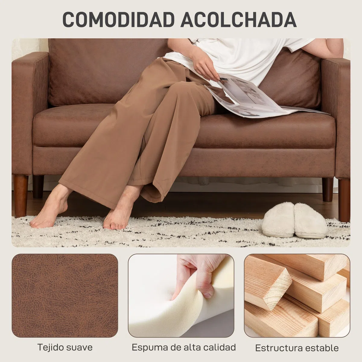HOMCOM Sofá de 2 Plazas, Tapizado en Microfibra, Sofá Moderno con Patas de Madera, Reposabrazos, para Salón, Dormitorio, Oficina, Sala de Estar, 130x78x85 cm, Marrón