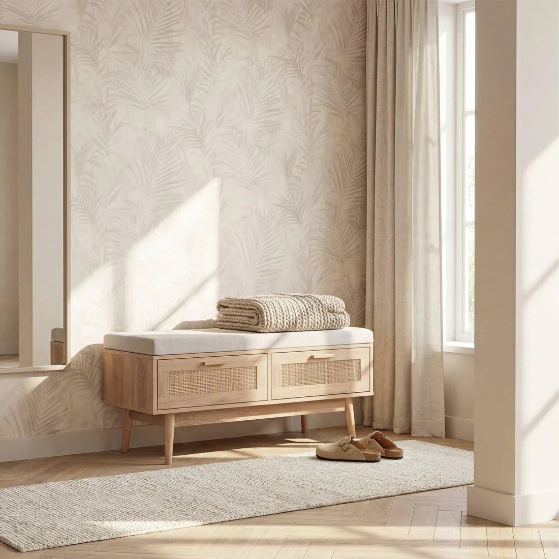 KLAST Banco en Madera y Ratán Natural con Cojín Tahiti, Incluye Dos Cajones y Aporta un Toque Natural y Confort a Cualquier Espacio.