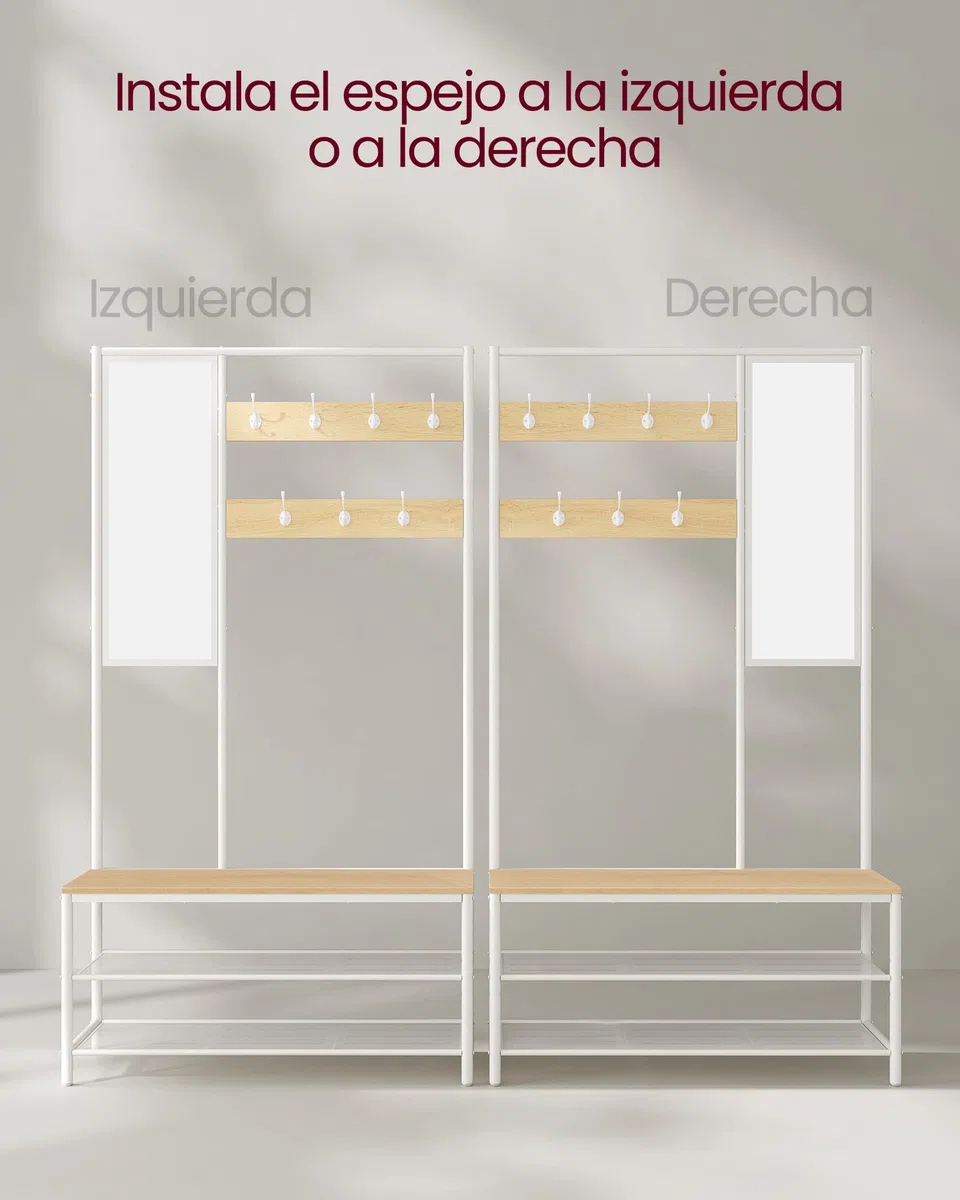 VASAGLE Perchero Zapatero, Perchero Recibidor con Ganchos, Espejo, Banco Zapatero y Estantes, 35 x 98 x 180 cm, Pasillo Dormitorio Salón, Moderno, Roble y Blanco Nube HSR415W09