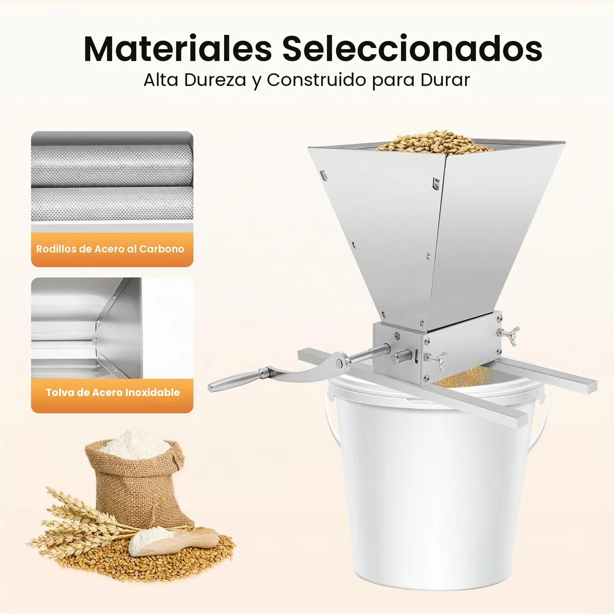 Trituradora de cereales manual de 4 l, molinillo de granos, molino doméstico, 26 cm, 2 rollos de molino de malta regulable 8 lbs/min, trituradora de cereales para moler cebada, trigo y otros granos