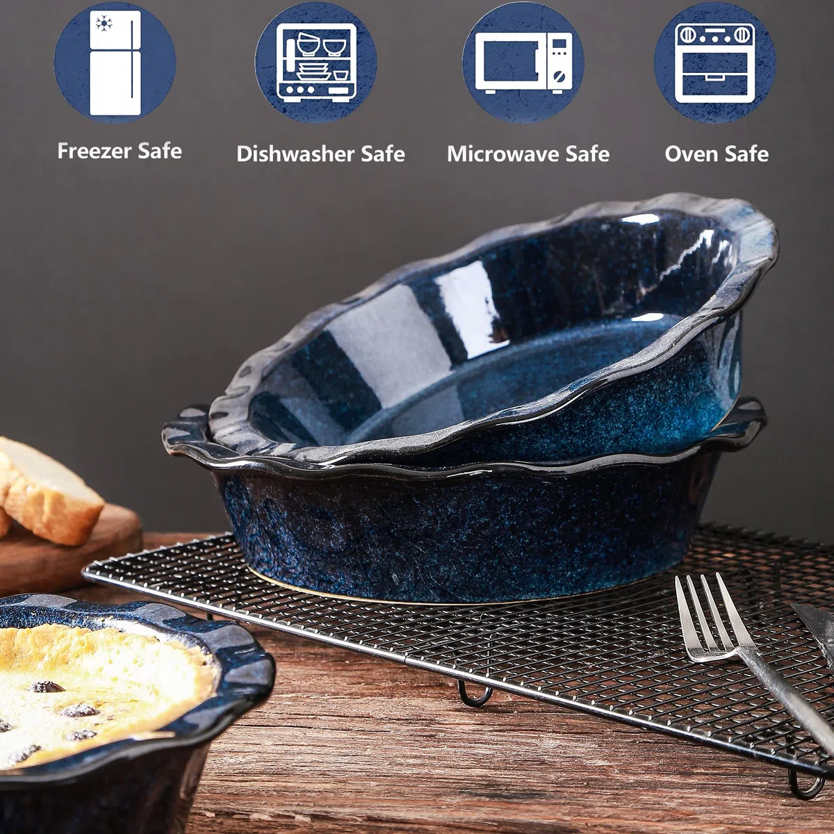 vicrays Molde de cerámica para hornear – Plato de pastel de 9 pulgadas, redondo, estriado y profundo para tartas, pizzas, tartas de manzana, quiche, pasteles de olla, pastel – Esmalte reactivo (azul