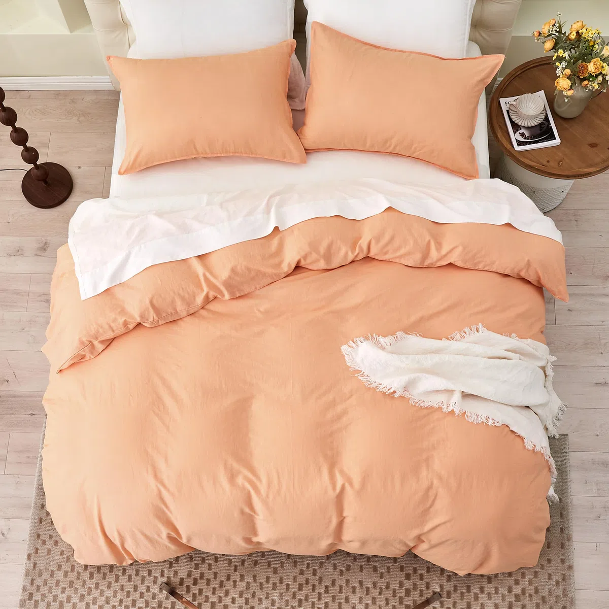 Simple&Opulence Funda Nordica 230x220 cm con Funda de Almohada 50x75cm -Juego de Funda Nordica Cama 135 de Lino y Algodón, Suave,Transpirable y Cómodo para Todo el Año,Melocotón