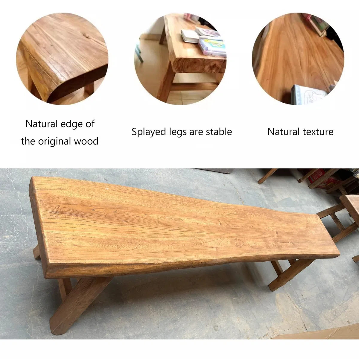 Banco de comedor de madera maciza de estilo rústico for interiores, banco estrecho con borde natural, banco for el extremo de la cama del dormitorio, banco de entrada de cocina de madera asiática(140x