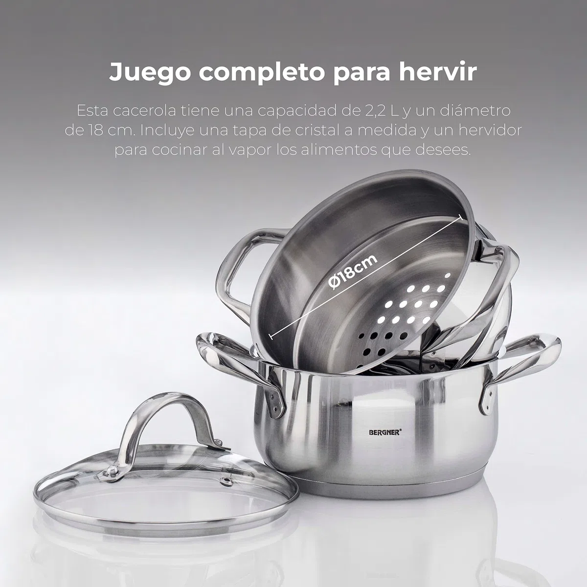BERGNER Gourmet | Cacerola de Cocina Con Hervidor | Cazuela con Tapa, Hervidor y Capacidad de 2,2L | Acero Inoxidable | Muy Resistente, Fácil de Limpiar y Para Todo Tipo de Cocinas