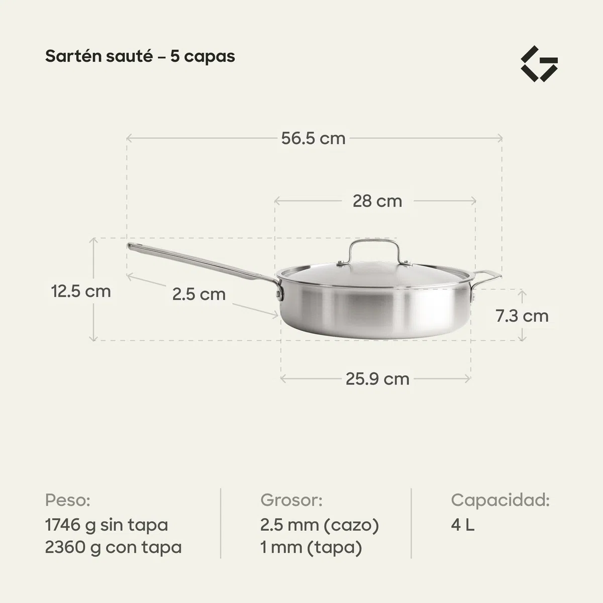 Gastrotools Sartén de acero inoxidable de 28 cm con tapa, sartén de acero inoxidable de 5 capas, sartén universal con asa CoolGrip, libre de PFAS, apta para todo tipo de cocinas