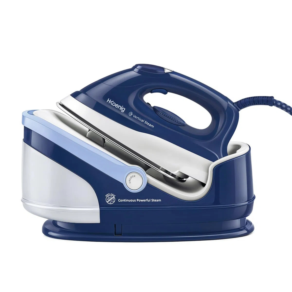 H.Koenig V5i Centro de Planchado 2400W, 100 g/min, 6 Bares, Plancha con Suela de Cerámica, Depósito de Agua extraíble 1.7L, Autonomía Ilimitada, Control Manual de la Temperatura, Azul