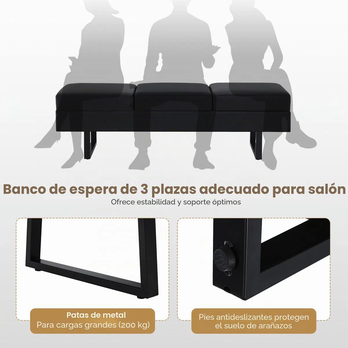 BarberPub 3 plazas para salón de SPA, Ancho 153 cm, Banco de Espera para peluquería, Acolchado para Dormitorio, de Cama para salón, mobiliario de peluquería W513 (Negro/Cuero sintético)