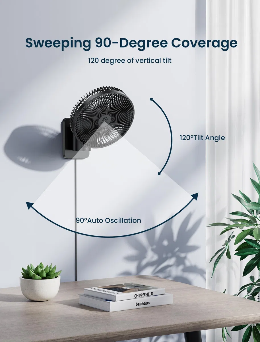 Ventilador de oscilación silencioso montado en la pared de 8.5 pulgadas con control remoto y temporizador, 4 velocidades ajustables para baños pequeños, refrigeración de dormitorio interior para RV
