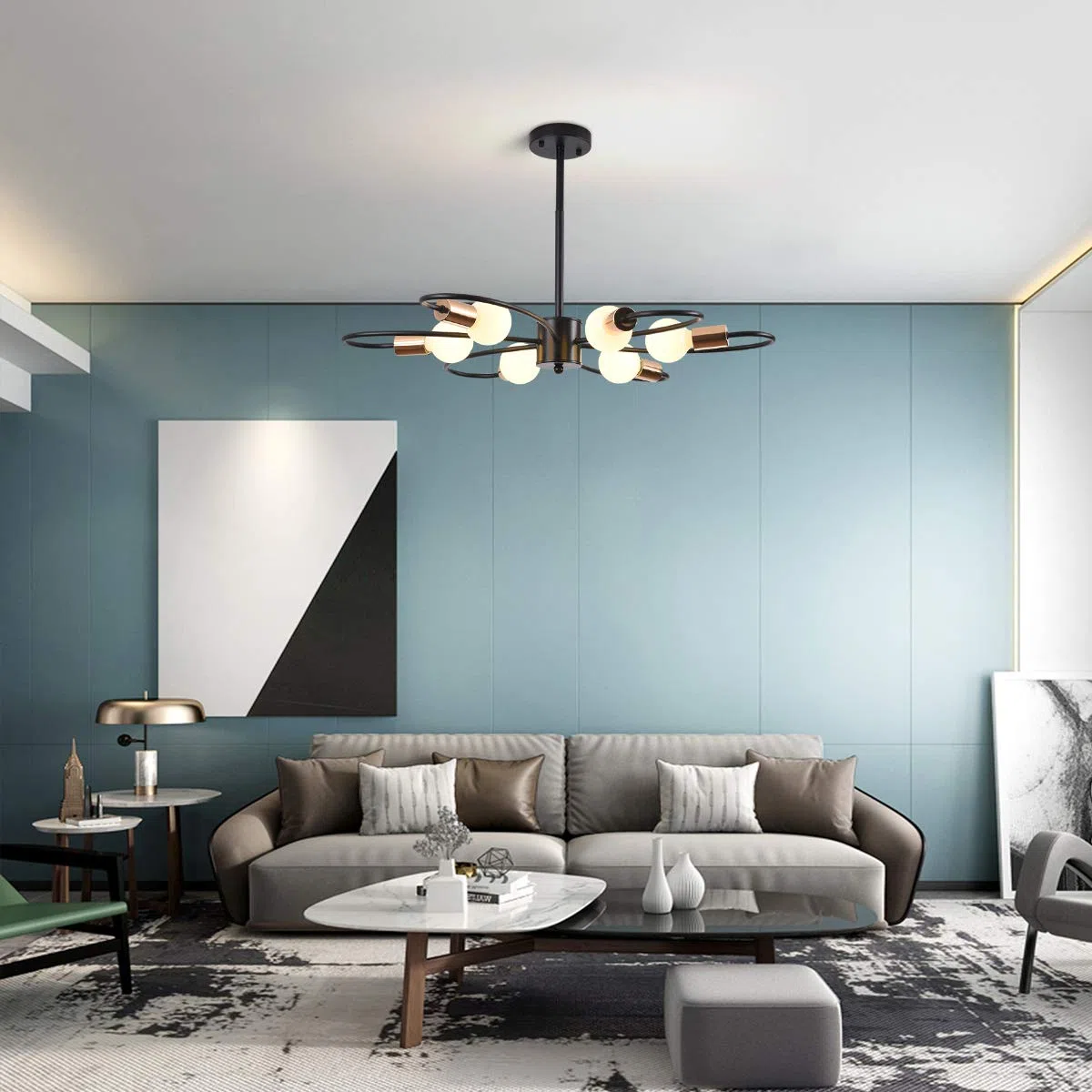 Qcyuui Lámpara de araña Sputnik de 6 luces, lámpara de techo moderna, lámpara colgante de metal de 60 vatios, candelabro de altura ajustable para cocina, comedor, sala de estar, dormitorio, negro