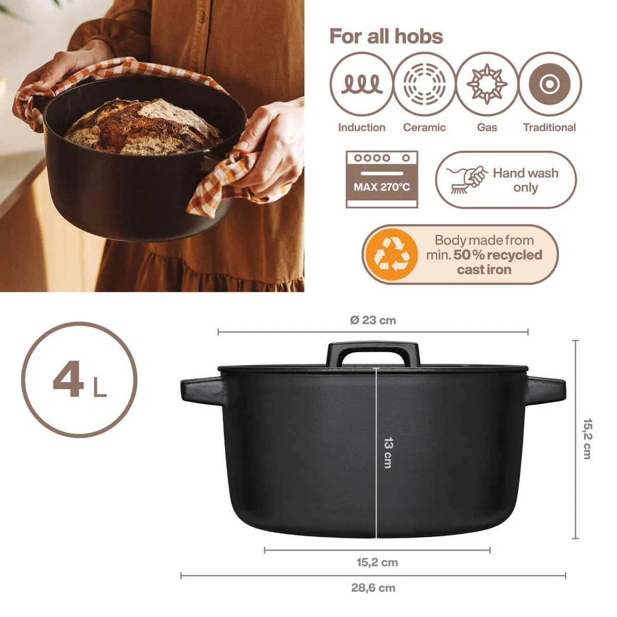 Fiskars Folken Cacerola de hierro fundido con tapa, 4 L, Esmaltada, Para todo tipo de placas, 1075698